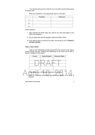 DRAFT
April 10, 2014
Grade 9 English Learning Package
 
2
Your teacher will pause the video for you to be able to guess what’s going
to happen next.
Write your predictions in the appropriate column in the table.
Prediction Reason(s)
1
2
3
Guide Questions:
1. After watching the whole video clip, what do you think will happen to the
father and daughter?
2. Do you agree with how the daughter treated her father? Why?
3. If you were to give an ending to the video, how would you do it? Present it
through role play.
Task 2. Take a Stand
Listen to your classmates as they present their own version of the video’s
ending through role play. Analyze their statements on the issue and be able to
agree or disagree on their stand.
Groups Agree/Disagree Statement Made
What helped you in analyzing the stand of each group?
Why is it important to analyze the stand of a speaker or a group of
people?
 