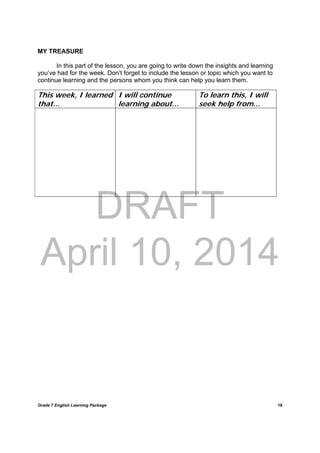 DRAFT
April 10, 2014
Grade 7 English Learning Package
	
18
MY TREASURE
In this part of the lesson, you are going to write down the insights and learning
you’ve had for the week. Don’t forget to include the lesson or topic which you want to
continue learning and the persons whom you think can help you learn them.
This week, I learned
that...
I will continue
learning about...
To learn this, I will
seek help from...
	 	 	 	 	 	 	 	 	 	
 