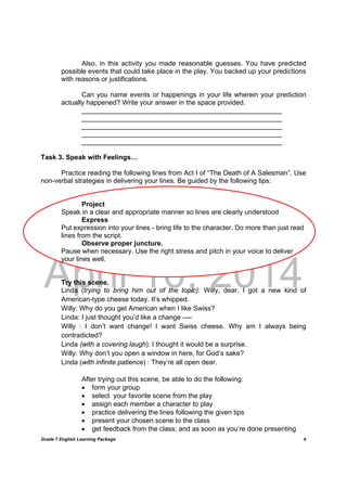 DRAFT
April 10, 2014
Grade 7 English Learning Package
	
4
Also, in this activity you made reasonable guesses. You have predicted
possible events that could take place in the play. You backed up your predictions
with reasons or justifications.
Can you name events or happenings in your life wherein your prediction
actually happened? Write your answer in the space provided.
_____________________________________________________
_____________________________________________________
_____________________________________________________
_____________________________________________________
_____________________________________________________
Task 3. Speak with Feelings…
Practice reading the following lines from Act I of “The Death of A Salesman”. Use
non-verbal strategies in delivering your lines. Be guided by the following tips:
Project
Speak in a clear and appropriate manner so lines are clearly understood
Express
Put expression into your lines - bring life to the character. Do more than just read
lines from the script.
Observe proper juncture.
Pause when necessary. Use the right stress and pitch in your voice to deliver
your lines well.
Try this scene.
Linda (trying to bring him out of the topic): Willy, dear, I got a new kind of
American-type cheese today. It’s whipped.
Willy: Why do you get American when I like Swiss?
Linda: I just thought you’d like a change ----
Willy : I don’t want change! I want Swiss cheese. Why am I always being
contradicted?
Linda (with a covering laugh): I thought it would be a surprise.
Willy: Why don’t you open a window in here, for God’s sake?
Linda (with infinite patience) : They’re all open dear.
	
	 	 After trying out this scene, be able to do the following:
 form your group
 select your favorite scene from the play
 assign each member a character to play
 practice delivering the lines following the given tips
 present your chosen scene to the class
 get feedback from the class; and as soon as you’re done presenting
 