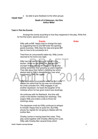 DRAFT
April 10, 2014
Grade 7 English Learning Package
	
5
 be able to give feedback to the other groups
YOUR TEXT
Death of A Salesman, Act One
Arthur Miller
Task 4. Plot the Events
Arrange the events according to how they happened in the play. Write first
for the first event, second and so on.
Events Order
Willy yells at Biff. Happy tries to change the topic
by suggesting that he and Biff enter the sporting
goods business. Willy likes the idea and gives Biff
tips on how to be successful at it.
Tired from an unsuccessful sales trip, Willy Loman
returned to his home one night.
Willy has the habit of talking to himself in the
kitchen. While he has doing this, Biff and his
younger brother Happy who happens to be also
visiting remember their growing up years together.
They talk about their father’s babbling too which
always lead to Willy’s dissatisfaction over what
happened to Biff’s life career.
Willy talks about a successful sales trip but Linda
makes him admit that his trip was not successful.
As Linda consoles him, Willy engages in yet
another daydream, he hears the laughter of his
mistress whom he has given brand new stockings.
He continues with his flashback, this time with
Linda in the kitchen mending her stockings. This
angers Willy and orders Linda to throw her
stockings away.
The daydream ends but Willy continues to whisper
to himself. Happy tries to quiet him. But Willy
shouts his regrets for not going to Alaska with his
brother Ben.
Charley comes in having heard the noise. They
play cards together with Charley offering him a job.
Willy calls Charley Ben several times which
 