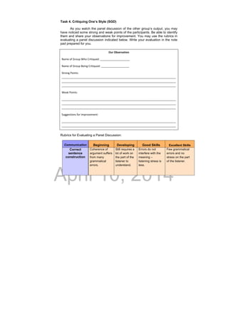 DRAFT
April 10, 2014
Task 4. Critiquing One’s Style (SGD)
As you watch the panel discussion of the other group’s output, you may
have noticed some strong and weak points of the participants. Be able to identify
them and share your observations for improvement. You may use the rubrics in
evaluating a panel discussion indicated below. Write your evaluation in the note
pad prepared for you.
Rubrics for Evaluating a Panel Discussion:
Communication Beginning	 Developing	 Good Skills	 Excellent Skills
Correct
sentence
construction
Coherence of
argument suffers
from many
grammatical
errors. 
  
Still requires a
lot of work on
the part of the
listener to
understand. 
Errors do not
interfere with the
meaning –
listening stress is
less. 
Few grammatical
errors and no
stress on the part
of the listener. 
Our Observation 
Name of Group Who Critiqued: ____________________ 
Name of Group Being Critiqued: ___________________ 
Strong Points: 
_____________________________________________________________________________
_____________________________________________________________________________
_____________________________________________________________________________ 
Weak Points:  
_____________________________________________________________________________
_____________________________________________________________________________
_____________________________________________________________________________ 
Suggestions for Improvement: 
_____________________________________________________________________________
_____________________________________________________________________________ 
 