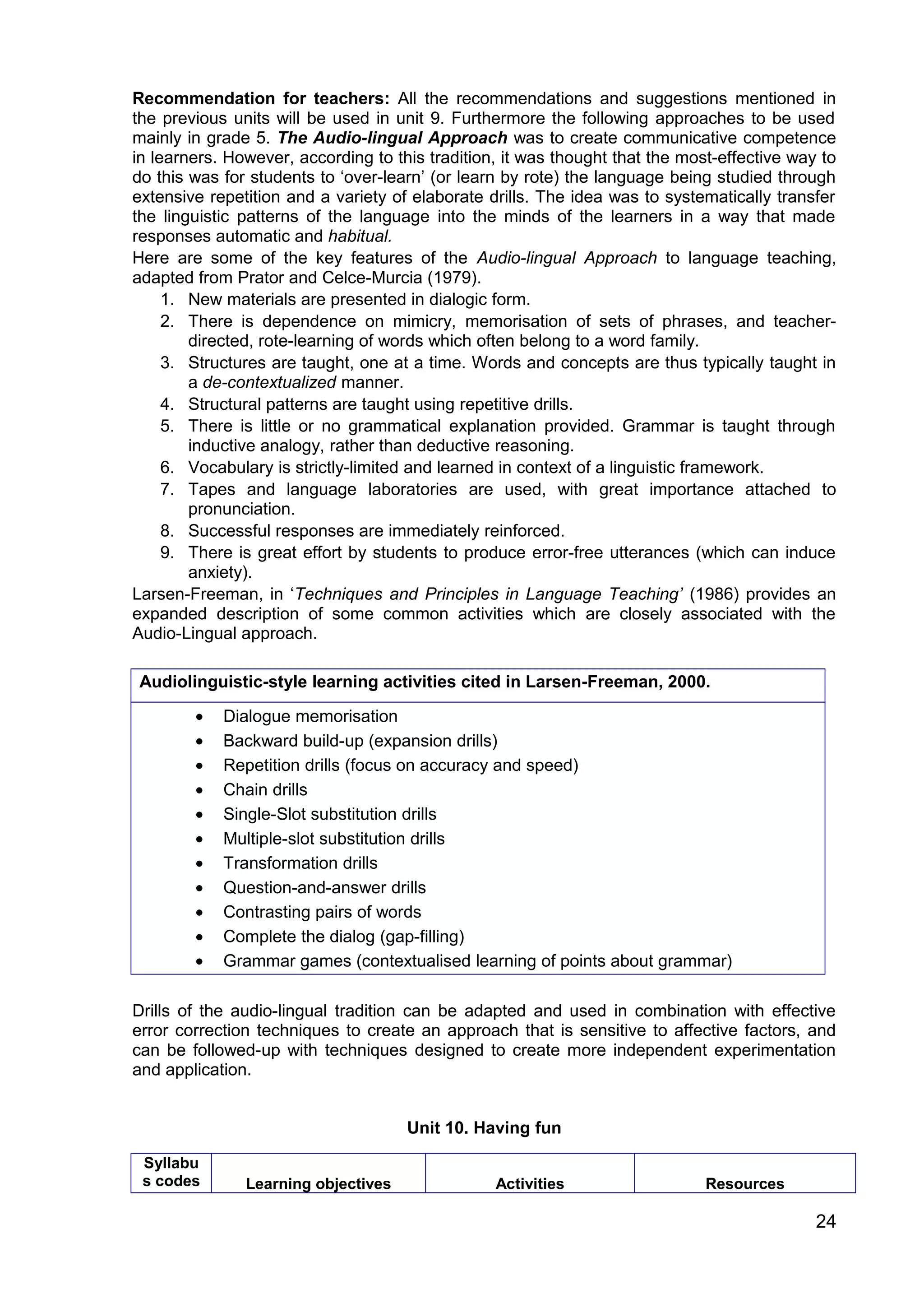 Recommendation for teachers: All the recommendations and suggestions mentioned in 
the previous units will be used in unit 9. Furthermore the following approaches to be used 
mainly in grade 5. The Audio-lingual Approach was to create communicative competence 
in learners. However, according to this tradition, it was thought that the most-effective way to 
do this was for students to ‘over-learn’ (or learn by rote) the language being studied through 
extensive repetition and a variety of elaborate drills. The idea was to systematically transfer 
the linguistic patterns of the language into the minds of the learners in a way that made 
responses automatic and habitual. 
Here are some of the key features of the Audio-lingual Approach to language teaching, 
adapted from Prator and Celce-Murcia (1979). 
1. New materials are presented in dialogic form. 
2. There is dependence on mimicry, memorisation of sets of phrases, and teacher-directed, 
rote-learning of words which often belong to a word family. 
3. Structures are taught, one at a time. Words and concepts are thus typically taught in 
a de-contextualized manner. 
4. Structural patterns are taught using repetitive drills. 
5. There is little or no grammatical explanation provided. Grammar is taught through 
inductive analogy, rather than deductive reasoning. 
6. Vocabulary is strictly-limited and learned in context of a linguistic framework. 
7. Tapes and language laboratories are used, with great importance attached to 
pronunciation. 
8. Successful responses are immediately reinforced. 
9. There is great effort by students to produce error-free utterances (which can induce 
anxiety). 
Larsen-Freeman, in ‘Techniques and Principles in Language Teaching’ (1986) provides an 
expanded description of some common activities which are closely associated with the 
Audio-Lingual approach. 
Audiolinguistic-style learning activities cited in Larsen-Freeman, 2000. 
· Dialogue memorisation 
· Backward build-up (expansion drills) 
· Repetition drills (focus on accuracy and speed) 
· Chain drills 
· Single-Slot substitution drills 
· Multiple-slot substitution drills 
· Transformation drills 
· Question-and-answer drills 
· Contrasting pairs of words 
· Complete the dialog (gap-filling) 
· Grammar games (contextualised learning of points about grammar) 
Drills of the audio-lingual tradition can be adapted and used in combination with effective 
error correction techniques to create an approach that is sensitive to affective factors, and 
can be followed-up with techniques designed to create more independent experimentation 
and application. 
Unit 10. Having fun 
Syllabu 
s codes Learning objectives Activities Resources 
24 
 