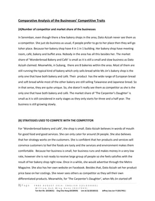 Comparative Analysis of the Businesses’ Competitive Traits 
(A)Number of competitor and market share of the businesses 
In Seremban, even though there a few bakery shops in the area, Dato Azizah never see them as 
a competitor. She just do business as usual, if people prefer to go to her place then they will go 
toher place. Because her bakery shop have 4 in 1 in 1 building. Her bakery shop have meeting 
room, café, bakery and buffet area. Nobody in the area has all this besides her. The market 
share of ‘Wonderbread Bakery and Café’ is small as it is still a small and slow business as Dato 
Azizah claimed. Meanwhile, in Subang, there are 8 bakeries within the area. Most of them are 
still running the typical kind of bakery which only sells bread while Ms Jin’s bakery shop is the 
only one that have both bakery and café. Their product has the wide range of European bread 
and soft bread while most of the other bakery are still selling Taiwanese and Japanese bread. So 
in that sense, they are quite unique. So, she doesn’t really see them as competitor as she is the 
only one that have both bakery and café. The market share of ‘The Carpenter’s Daughter’ is 
small as it is still considered in early stages as they only starts for three and a half year. The 
business is still growing slowly. 
(B) STRATEGIES USED TO COMPETE WITH THE COMPETITOR 
For ‘Wonderbread bakery and café’, the shop is small. Dato Azizah believes in words of mouth 
for good food and good services. She can only cater for around 24 people. She also believes 
that her strategy works on the customers. She is confident that her products and services will 
convince customers to feel the foods are tasty and the services and environment makes them 
comfortable. Because her business is small, her business runs and makes money in a very low 
rate, however she is not ready to receive large group of people so she feels satisfies with the 
result of her bakery shop right now. Once in a while, she would advertise through the Metro 
Magazine. She also has her own website on Facebook. Besides that, Dato Azizah set her product 
price base on her costings. She never sees others as competitor as they sell their own 
differentiated products. Meanwhile, for ‘The Carpenter’s Daughter’, when Ms Jin started off 
7| P a g e F N B E A U G U S T 2 0 1 4 - E N G L I S H 2 ( E L G 3 0 6 0 5 ) 
W i l l i a m G o h M i n g H a n n ( 0 3 1 7 9 4 9 ) 
Tan Ken Ric (0318631) Ong Chia Hong (0318459) Lim Jie Qi (0318313) Jeffrey Liea Jun Yi (0317951) 
 