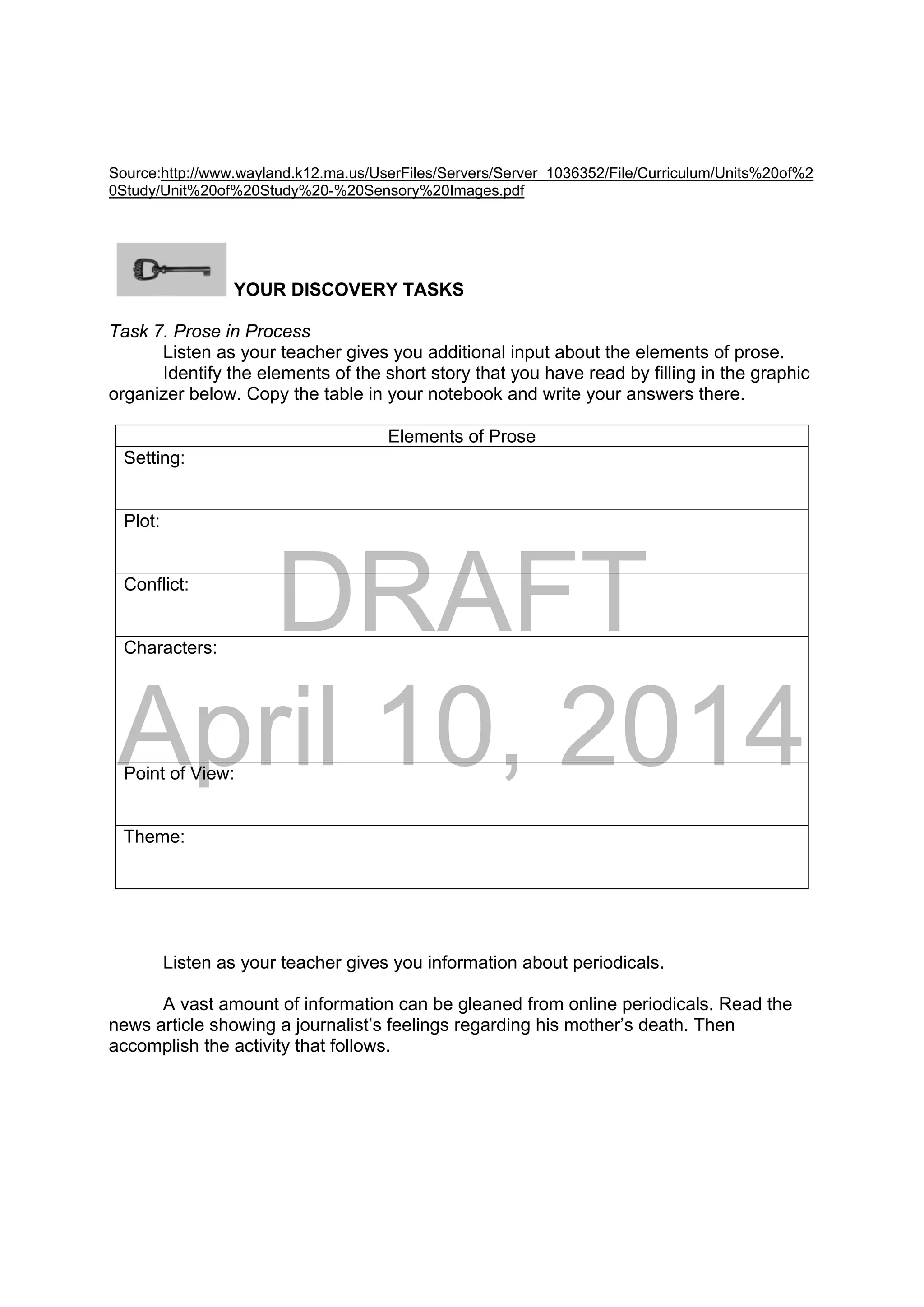 DRAFT
April 10, 2014
Source:http://www.wayland.k12.ma.us/UserFiles/Servers/Server_1036352/File/Curriculum/Units%20of%2
0Study/Unit%20of%20Study%20-%20Sensory%20Images.pdf
YOUR DISCOVERY TASKS
Task 7. Prose in Process
Listen as your teacher gives you additional input about the elements of prose.
Identify the elements of the short story that you have read by filling in the graphic
organizer below. Copy the table in your notebook and write your answers there.
Elements of Prose
Setting:
Plot:
Conflict:
Characters:
Point of View:
Theme:
Listen as your teacher gives you information about periodicals.
A vast amount of information can be gleaned from online periodicals. Read the
news article showing a journalist’s feelings regarding his mother’s death. Then
accomplish the activity that follows.
 
 
 
 
 