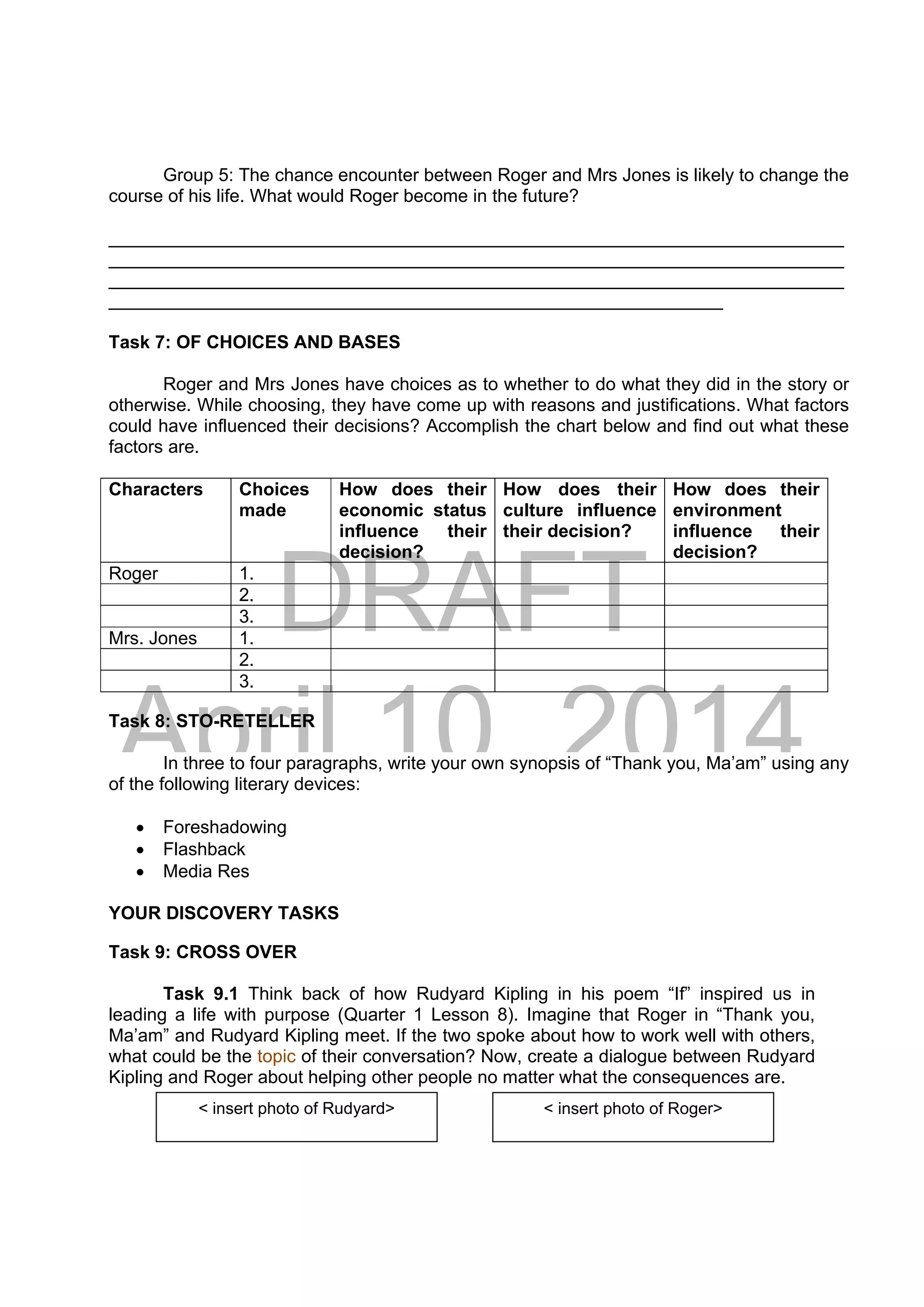 DRAFT
April 10, 2014
Group 5: The chance encounter between Roger and Mrs Jones is likely to change the
course of his life. What would Roger become in the future?
_________________________________________________________________________
_________________________________________________________________________
_________________________________________________________________________
_____________________________________________________________
Task 7: OF CHOICES AND BASES
Roger and Mrs Jones have choices as to whether to do what they did in the story or
otherwise. While choosing, they have come up with reasons and justifications. What factors
could have influenced their decisions? Accomplish the chart below and find out what these
factors are.
Characters Choices
made
How does their
economic status
influence their
decision?
How does their
culture influence
their decision?
How does their
environment
influence their
decision?
Roger 1.
2.
3.
Mrs. Jones 1.
2.
3.
Task 8: STO-RETELLER
In three to four paragraphs, write your own synopsis of “Thank you, Ma’am” using any
of the following literary devices:
 Foreshadowing
 Flashback
 Media Res
YOUR DISCOVERY TASKS
Task 9: CROSS OVER
Task 9.1 Think back of how Rudyard Kipling in his poem “If” inspired us in
leading a life with purpose (Quarter 1 Lesson 8). Imagine that Roger in “Thank you,
Ma’am” and Rudyard Kipling meet. If the two spoke about how to work well with others,
what could be the topic of their conversation? Now, create a dialogue between Rudyard
Kipling and Roger about helping other people no matter what the consequences are.
< insert photo of Rudyard> < insert photo of Roger> 
 