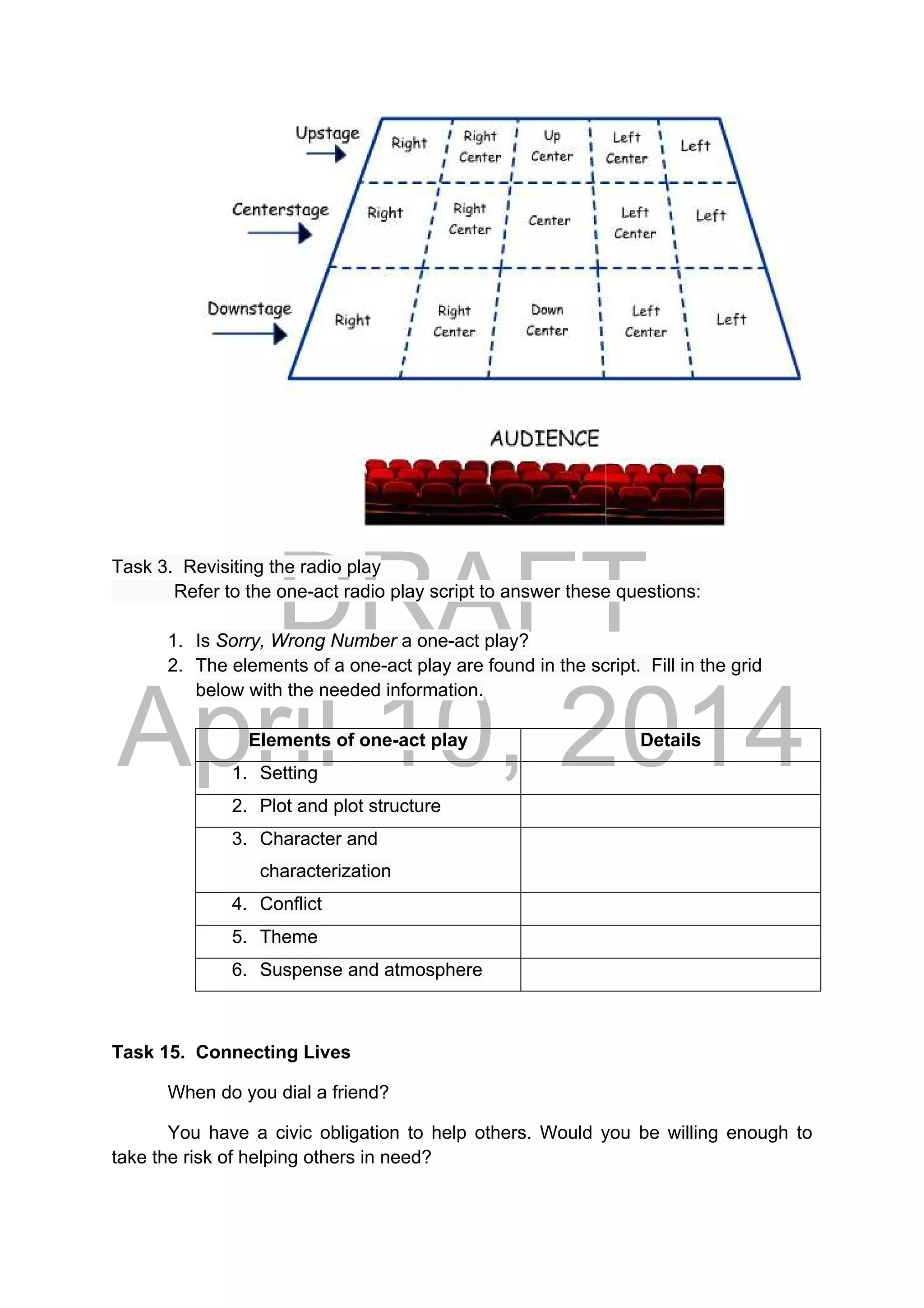 DRAFT
April 10, 2014
Task 3. Revisiting the radio play
Refer to the one-act radio play script to answer these questions:
1. Is Sorry, Wrong Number a one-act play?
2. The elements of a one-act play are found in the script. Fill in the grid
below with the needed information.
Elements of one-act play Details
1. Setting
2. Plot and plot structure
3. Character and
characterization
4. Conflict
5. Theme
6. Suspense and atmosphere
Task 15. Connecting Lives
When do you dial a friend?
You have a civic obligation to help others. Would you be willing enough to
take the risk of helping others in need?
 