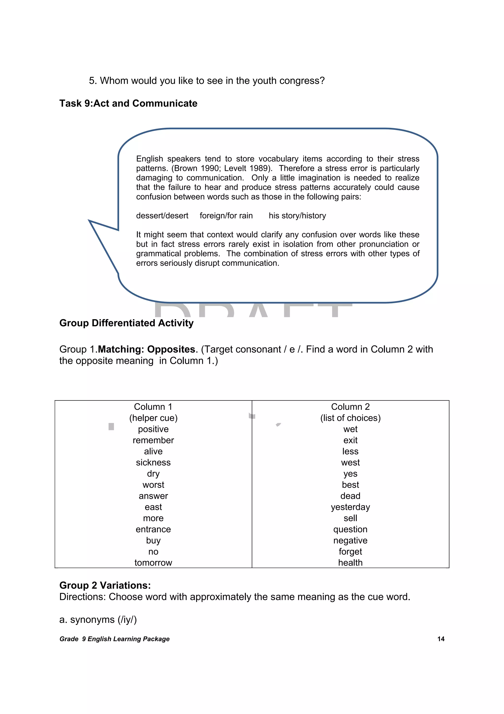 DRAFT
April 10, 2014
Grade 9 English Learning Package
	
14
5. Whom would you like to see in the youth congress?
Task 9:Act and Communicate
Group Differentiated Activity
Group 1.Matching: Opposites. (Target consonant / e /. Find a word in Column 2 with
the opposite meaning in Column 1.)
Column 1
(helper cue)
positive
remember
alive
sickness
dry
worst
answer
east
more
entrance
buy
no
tomorrow
Column 2
(list of choices)
wet
exit
less
west
yes
best
dead
yesterday
sell
question
negative
forget
health
Group 2 Variations:
Directions: Choose word with approximately the same meaning as the cue word.
a. synonyms (/iy/)
English speakers tend to store vocabulary items according to their stress
patterns. (Brown 1990; Levelt 1989). Therefore a stress error is particularly
damaging to communication. Only a little imagination is needed to realize
that the failure to hear and produce stress patterns accurately could cause
confusion between words such as those in the following pairs:
dessert/desert foreign/for rain his story/history
It might seem that context would clarify any confusion over words like these
but in fact stress errors rarely exist in isolation from other pronunciation or
grammatical problems. The combination of stress errors with other types of
errors seriously disrupt communication.
	
 