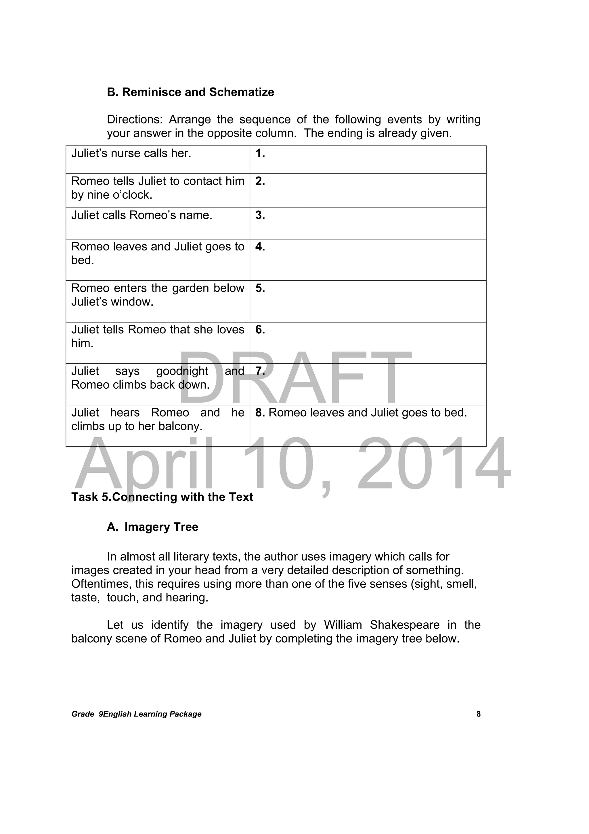 DRAFT
April 10, 2014
Grade 9English Learning Package
 
8
B. Reminisce and Schematize
Directions: Arrange the sequence of the following events by writing
your answer in the opposite column. The ending is already given.
Task 5.Connecting with the Text
A. Imagery Tree
In almost all literary texts, the author uses imagery which calls for
images created in your head from a very detailed description of something.
Oftentimes, this requires using more than one of the five senses (sight, smell,
taste, touch, and hearing.
Let us identify the imagery used by William Shakespeare in the
balcony scene of Romeo and Juliet by completing the imagery tree below.
Juliet’s nurse calls her. 1.
Romeo tells Juliet to contact him
by nine o’clock.
2.
Juliet calls Romeo’s name. 3.
Romeo leaves and Juliet goes to
bed.
4.
Romeo enters the garden below
Juliet’s window.
5.
Juliet tells Romeo that she loves
him.
6.
Juliet says goodnight and
Romeo climbs back down.
7.
Juliet hears Romeo and he
climbs up to her balcony.
8. Romeo leaves and Juliet goes to bed.
 