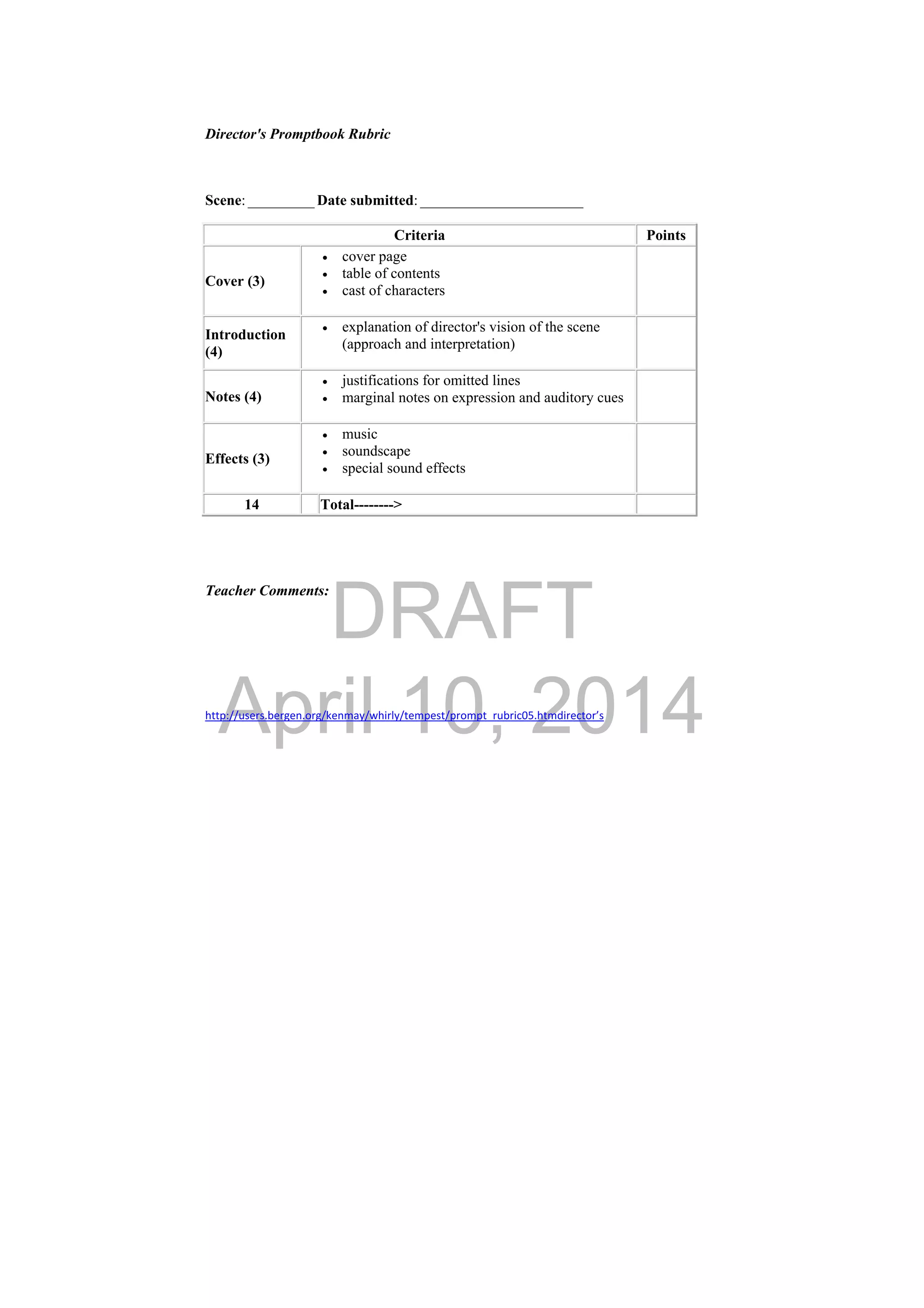DRAFT
April 10, 2014
Director's Promptbook Rubric
Teacher Comments:
http://users.bergen.org/kenmay/whirly/tempest/prompt_rubric05.htmdirector’s  
Scene: _________ Date submitted: ______________________
Criteria Points
Cover (3)
 cover page
 table of contents
 cast of characters
Introduction
(4)
 explanation of director's vision of the scene
(approach and interpretation)
Notes (4)
 justifications for omitted lines
 marginal notes on expression and auditory cues
Effects (3)
 music
 soundscape
 special sound effects
14 Total-------->
 