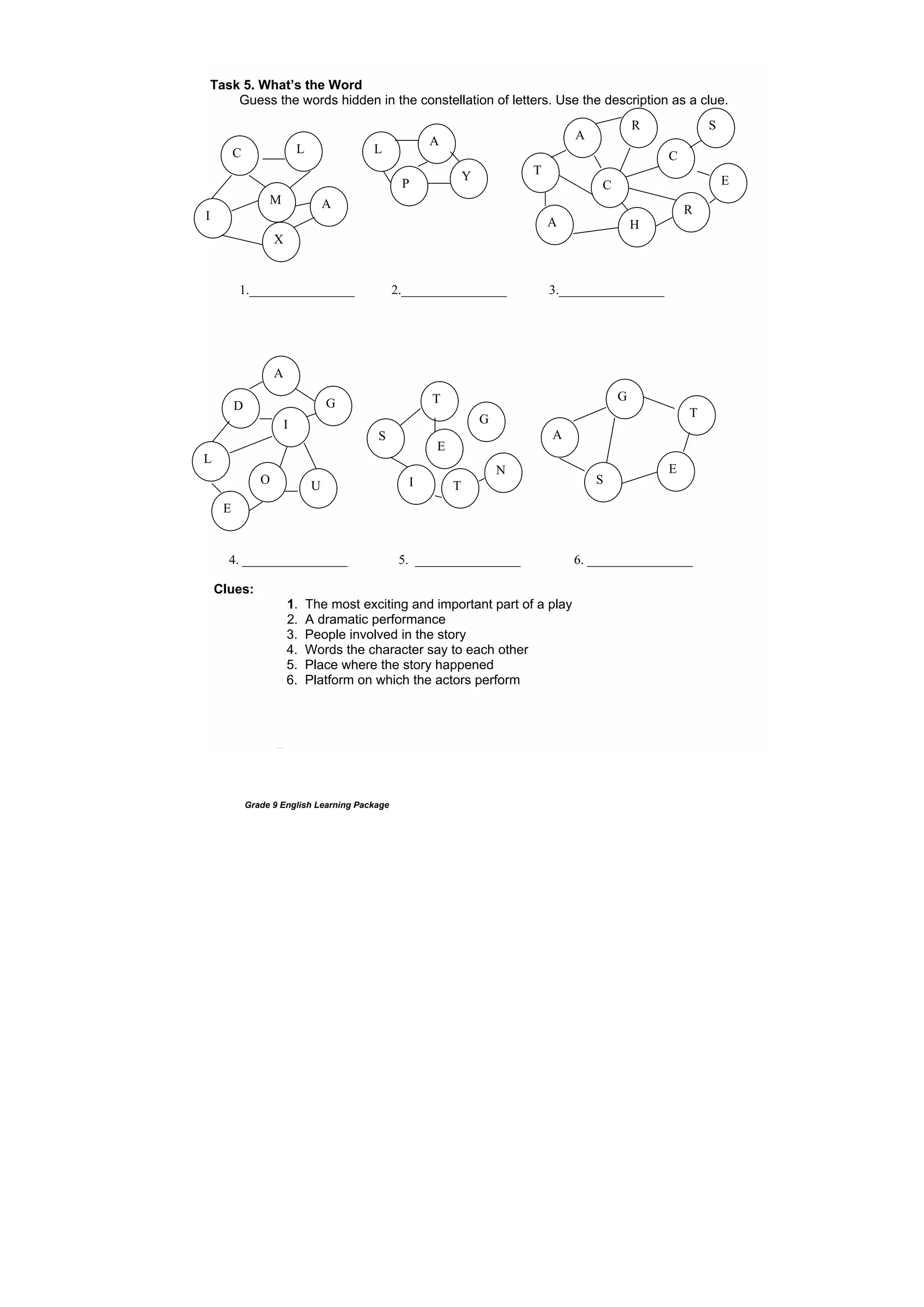 DRAFT
April 10, 2014
Grade 9 English Learning Package
Task 5. What’s the Word
Guess the words hidden in the constellation of letters. Use the description as a clue.
Task In InIN
cC
at c
Task 6. Recognizing Literary Device
Characterization.
In literature, you learn about a person’s character traits through different ways including the following:
1. the way the character speaks and acts, his and her achievements and
1__1. failures, manner of dressing, and values upheld;
2. what other characters say about him or her;
3. the way he or she is described by an author; and
4. the way he or she is described by a narrator.
Which of these ways are used in the play, “While the Auto Waits”?
_____________________________________________
________________________________________________________
Task 6. Recozing Literary Device
Characterization.
In literature, you learn about a person’s character traits through different ways including the following:
. the way the character speaks and acts, his and her achievements and
failures, manner of dressing, and values upheld;
2. what other characters say about him or her;
3. the way he or she is described by an author; and
4. the way he or she is described by a narrator.
Which of these ways are used in the play, “While the Auto Waits”?
________________________________________________________
________________________________________________________
Clues:
1. The most exciting and important part of a play
2. A dramatic performance
3. People involved in the story
4. Words the character say to each other
5. Place where the story happened
6. Platform on which the actors perform
R
A
LL
A
CC
T
EY
P C
M A R
A
I
H
X
3.________________2.________________1.________________
A
G T G
TGI
D
AS
E
L
N E
O SU TI
E
5. ________________ 6. ________________4. ________________
S
 