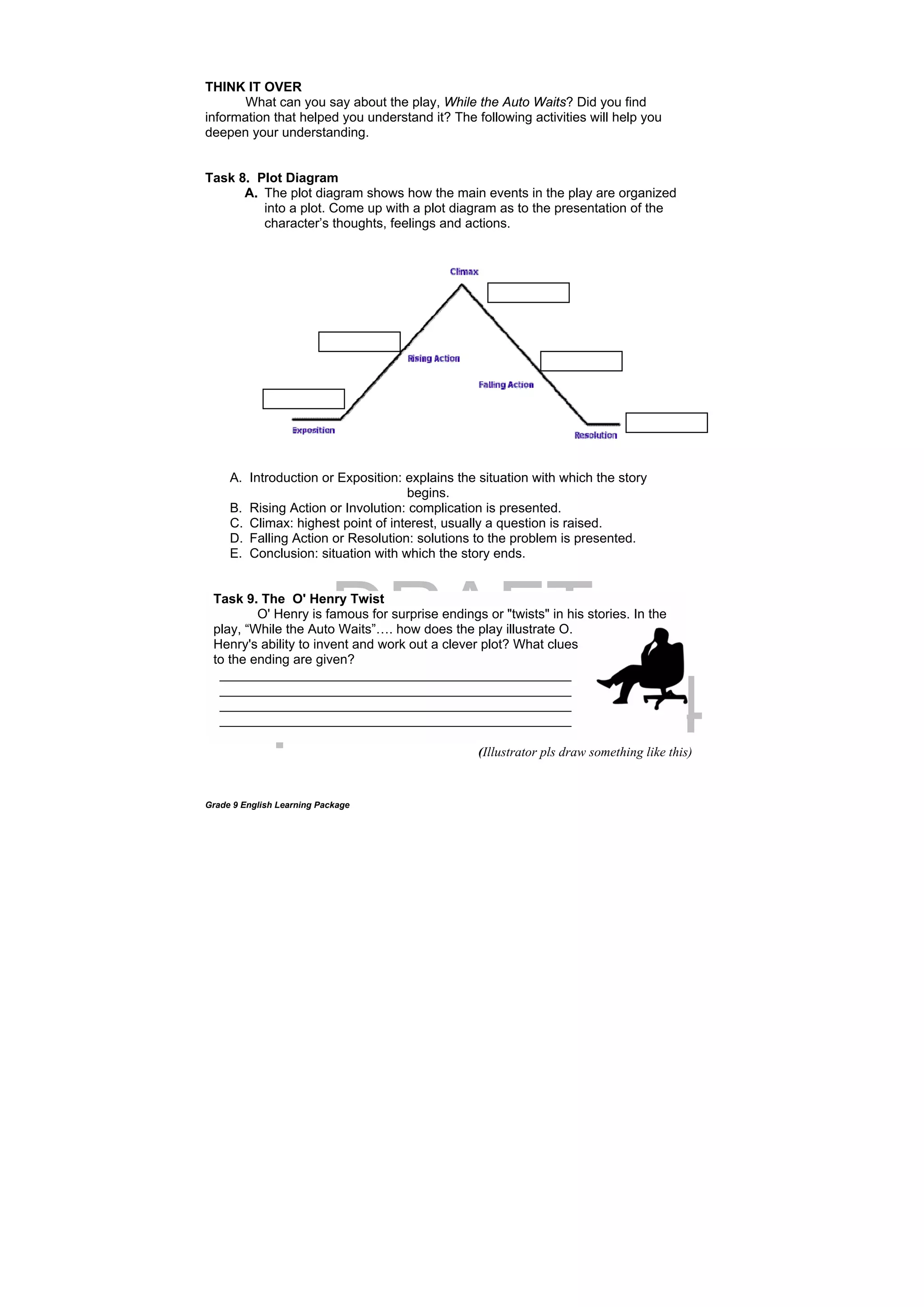 DRAFT
April 10, 2014
Grade 9 English Learning Package
THINK IT OVER
What can you say about the play, While the Auto Waits? Did you find
information that helped you understand it? The following activities will help you
deepen your understanding.
Task 8. Plot Diagram
A. The plot diagram shows how the main events in the play are organized
into a plot. Come up with a plot diagram as to the presentation of the
character’s thoughts, feelings and actions.
 
A. Introduction or Exposition: explains the situation with which the story
begins.
B. Rising Action or Involution: complication is presented.
C. Climax: highest point of interest, usually a question is raised.
D. Falling Action or Resolution: solutions to the problem is presented.
E. Conclusion: situation with which the story ends.
Task 9. The O' Henry Twist
O' Henry is famous for surprise endings or "twists" in his stories. In the
play, “While the Auto Waits”…. how does the play illustrate O.
Henry's ability to invent and work out a clever plot? What clues
to the ending are given?
________________________________________________
________________________________________________
________________________________________________
________________________________________________
(Illustrator pls draw something like this)
 