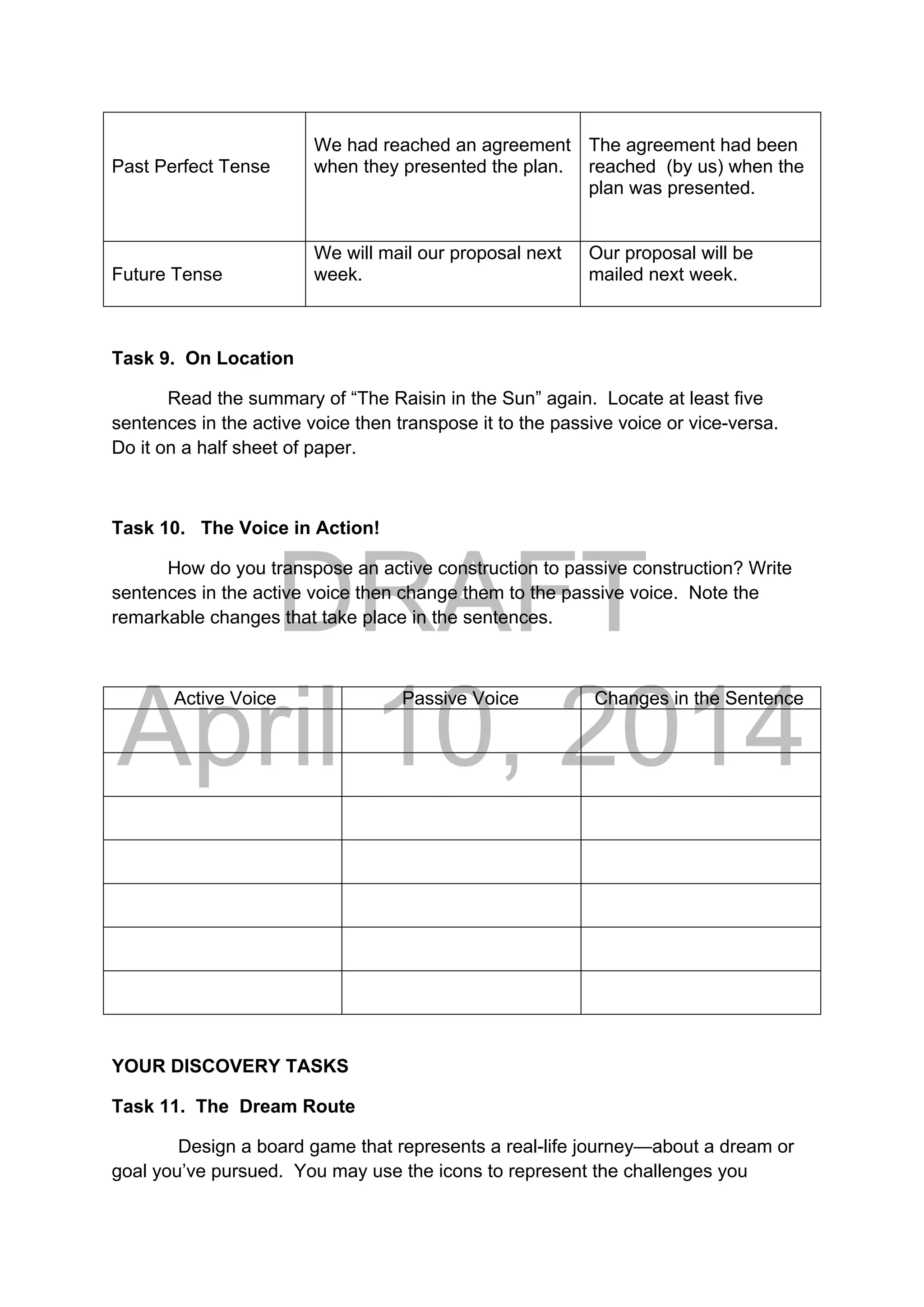 DRAFT
April 10, 2014
Past Perfect Tense
We had reached an agreement
when they presented the plan.
The agreement had been
reached (by us) when the
plan was presented.
Future Tense
We will mail our proposal next
week.
Our proposal will be
mailed next week.
Task 9. On Location
Read the summary of “The Raisin in the Sun” again. Locate at least five
sentences in the active voice then transpose it to the passive voice or vice-versa.
Do it on a half sheet of paper.
Task 10. The Voice in Action!
How do you transpose an active construction to passive construction? Write
sentences in the active voice then change them to the passive voice. Note the
remarkable changes that take place in the sentences.
Active Voice Passive Voice Changes in the Sentence
YOUR DISCOVERY TASKS
Task 11. The Dream Route
Design a board game that represents a real-life journey—about a dream or
goal you’ve pursued. You may use the icons to represent the challenges you
 