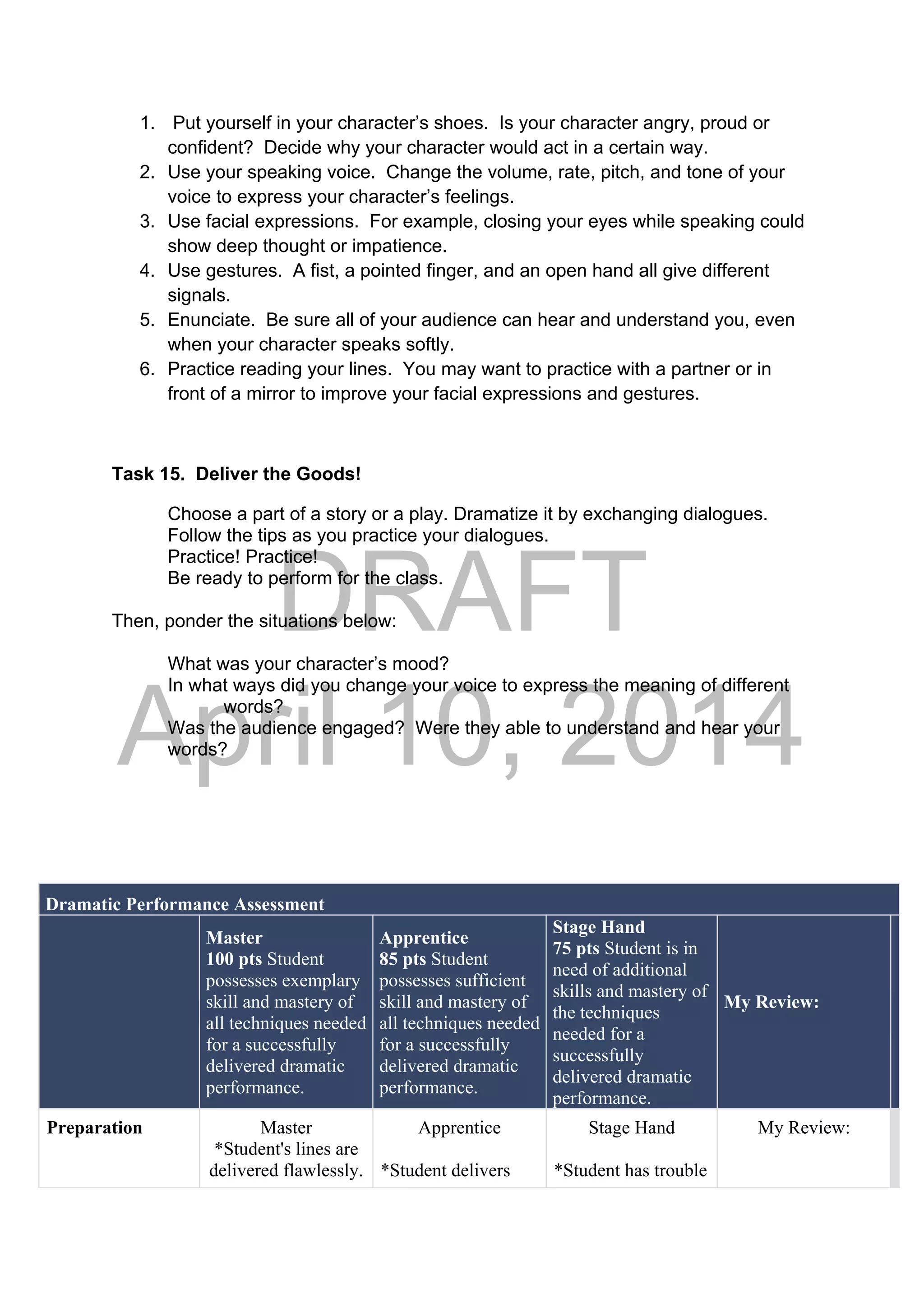 DRAFT
April 10, 2014
1. Put yourself in your character’s shoes. Is your character angry, proud or
confident? Decide why your character would act in a certain way.
2. Use your speaking voice. Change the volume, rate, pitch, and tone of your
voice to express your character’s feelings.
3. Use facial expressions. For example, closing your eyes while speaking could
show deep thought or impatience.
4. Use gestures. A fist, a pointed finger, and an open hand all give different
signals.
5. Enunciate. Be sure all of your audience can hear and understand you, even
when your character speaks softly.
6. Practice reading your lines. You may want to practice with a partner or in
front of a mirror to improve your facial expressions and gestures.
Task 15. Deliver the Goods!
  Choose a part of a story or a play. Dramatize it by exchanging dialogues.
Follow the tips as you practice your dialogues.
Practice! Practice!
Be ready to perform for the class.
Then, ponder the situations below:
What was your character’s mood?
In what ways did you change your voice to express the meaning of different
words?
Was the audience engaged? Were they able to understand and hear your
words?
Dramatic Performance Assessment
Master
100 pts Student
possesses exemplary
skill and mastery of
all techniques needed
for a successfully
delivered dramatic
performance.
Apprentice
85 pts Student
possesses sufficient
skill and mastery of
all techniques needed
for a successfully
delivered dramatic
performance.
Stage Hand
75 pts Student is in
need of additional
skills and mastery of
the techniques
needed for a
successfully
delivered dramatic
performance.
My Review:
Preparation Master
*Student's lines are
delivered flawlessly.
Apprentice
*Student delivers
Stage Hand
*Student has trouble
My Review:
 