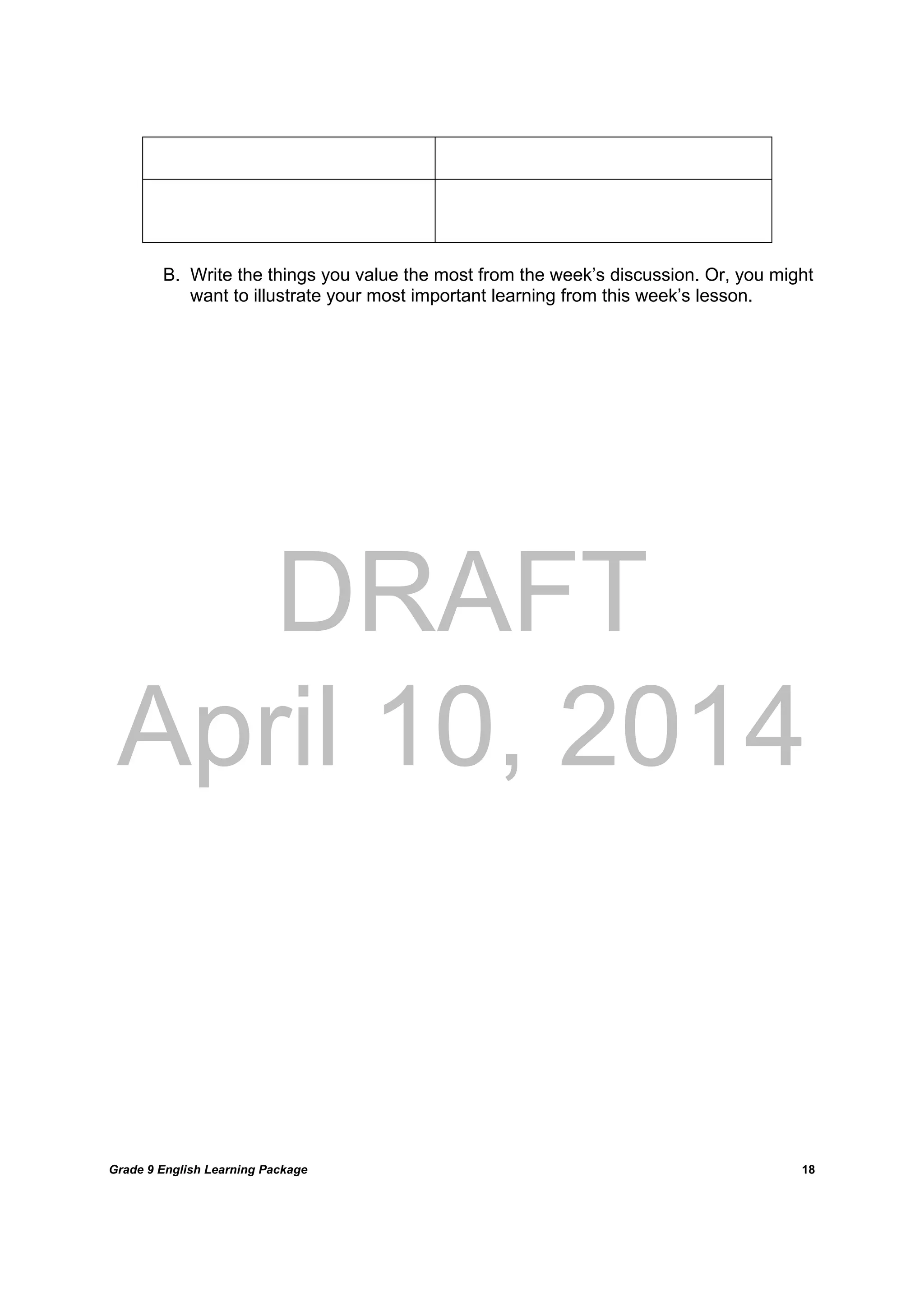 DRAFT
April 10, 2014
Grade 9 English Learning Package
	
18
B. Write the things you value the most from the week’s discussion. Or, you might
want to illustrate your most important learning from this week’s lesson.
 