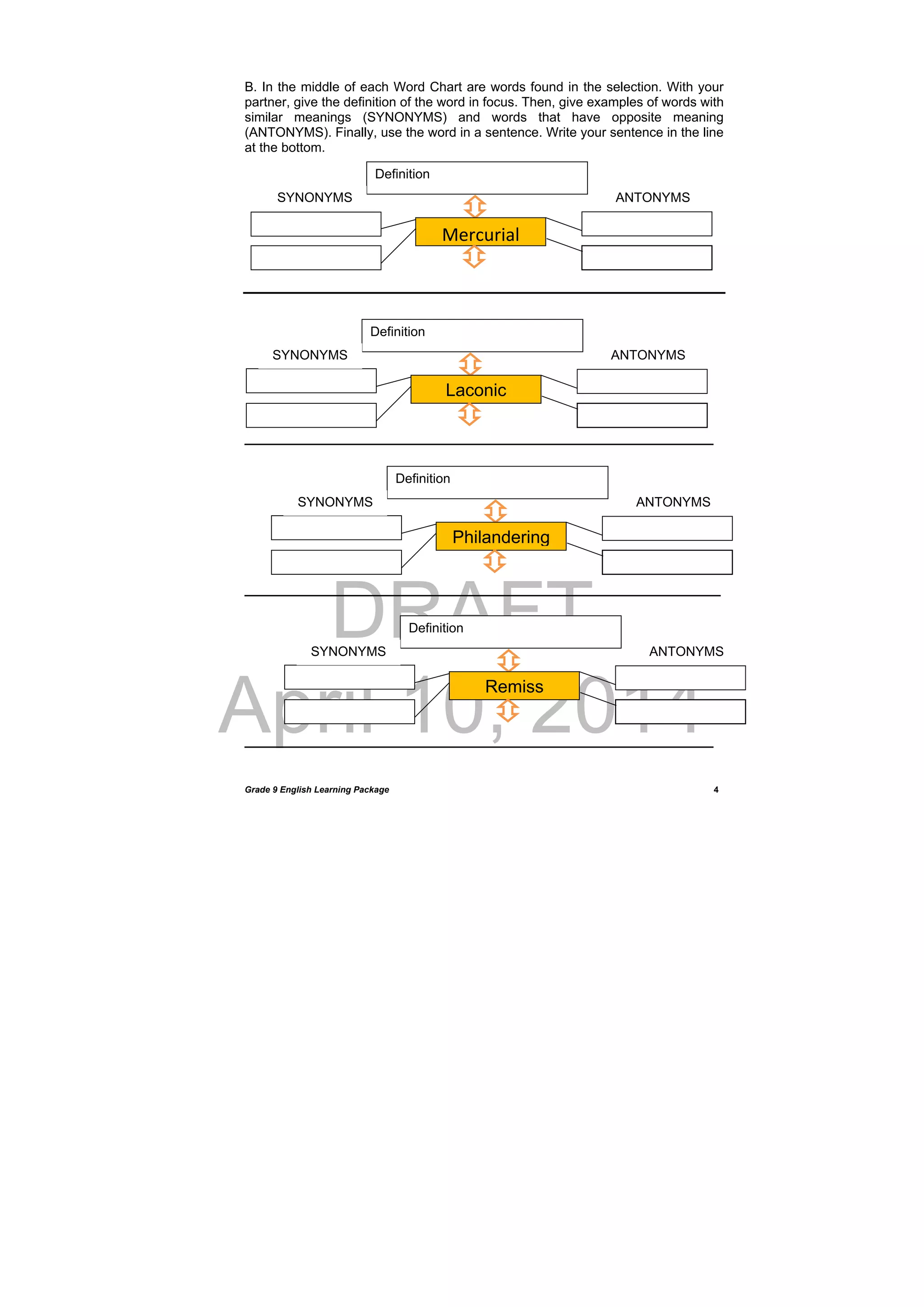 DRAFT
April 10, 2014
Grade 9 English Learning Package
 
4
B. In the middle of each Word Chart are words found in the selection. With your
partner, give the definition of the word in focus. Then, give examples of words with
similar meanings (SYNONYMS) and words that have opposite meaning
(ANTONYMS). Finally, use the word in a sentence. Write your sentence in the line
at the bottom.
________________________________________________________________
_________________________________________________________________
________________________________________________________________
Definition
Mercurial 
ANTONYMSSYNONYMS
Definition
Laconic
ANTONYMSSYNONYMS
Definition
Philandering
ANTONYMSSYNONYMS
Definition
Remiss
ANTONYMSSYNONYMS
 