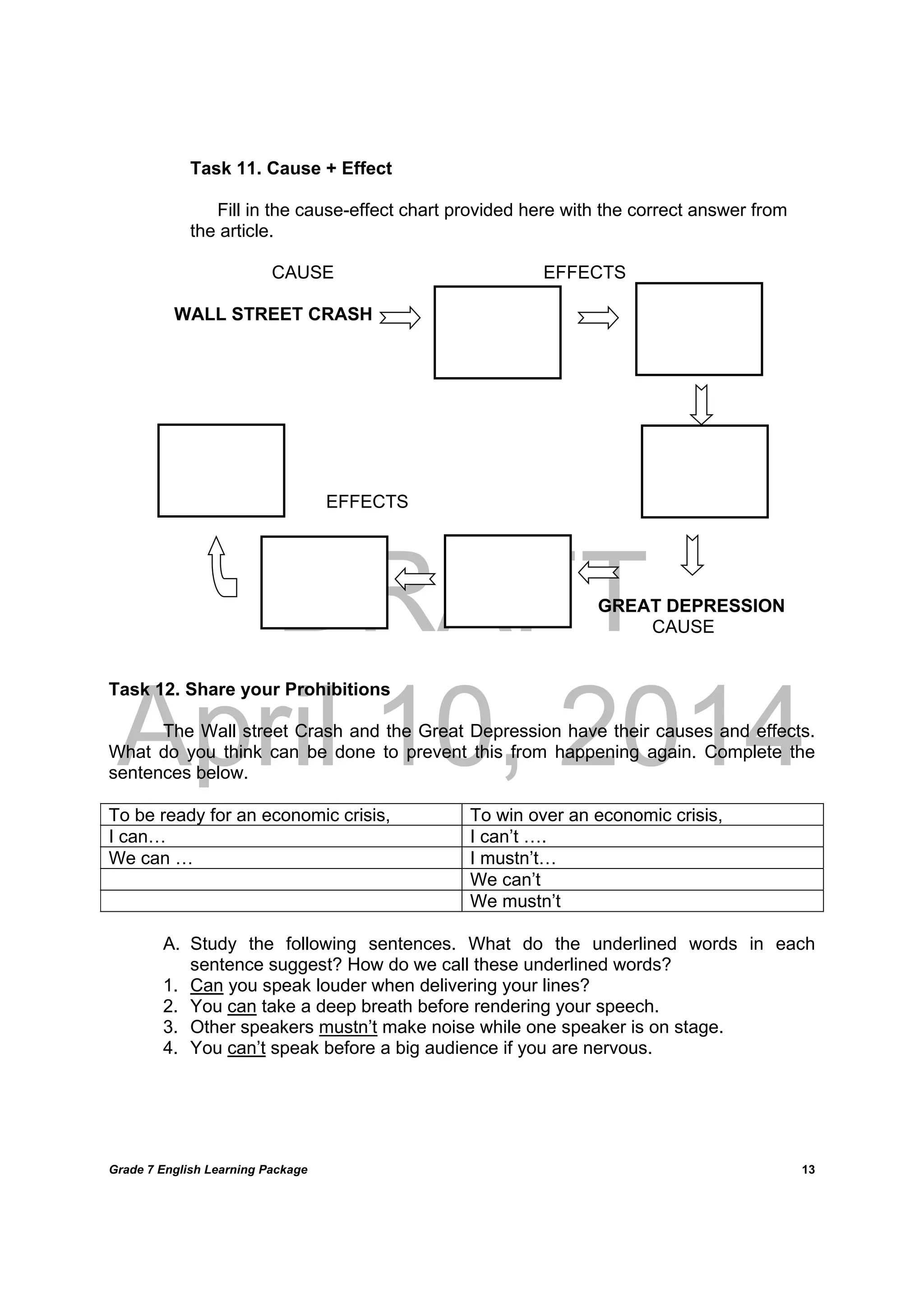 DRAFT
April 10, 2014
Grade 7 English Learning Package
	
13
Task 11. Cause + Effect
Fill in the cause-effect chart provided here with the correct answer from
the article.
CAUSE EFFECTS
WALL STREET CRASH
EFFECTS
GREAT DEPRESSION
CAUSE
Task 12. Share your Prohibitions
The Wall street Crash and the Great Depression have their causes and effects.
What do you think can be done to prevent this from happening again. Complete the
sentences below.
To be ready for an economic crisis, To win over an economic crisis,
I can… I can’t ….
We can … I mustn’t…
We can’t
We mustn’t
A. Study the following sentences. What do the underlined words in each
sentence suggest? How do we call these underlined words?
1. Can you speak louder when delivering your lines?
2. You can take a deep breath before rendering your speech.
3. Other speakers mustn’t make noise while one speaker is on stage.
4. You can’t speak before a big audience if you are nervous.
 