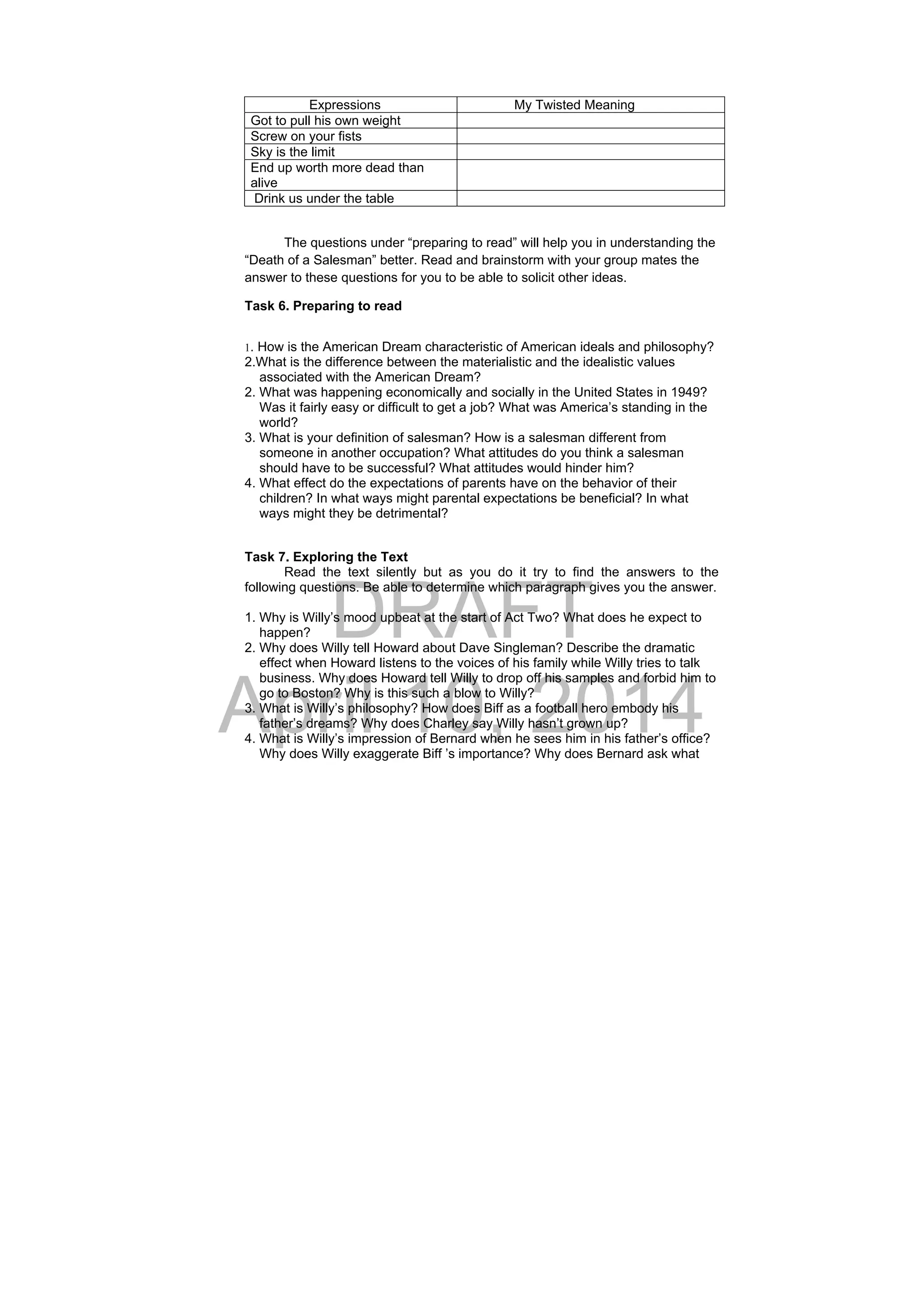 DRAFT
April 10, 2014
Expressions My Twisted Meaning
Got to pull his own weight
Screw on your fists
Sky is the limit
End up worth more dead than
alive
Drink us under the table
The questions under “preparing to read” will help you in understanding the
“Death of a Salesman” better. Read and brainstorm with your group mates the
answer to these questions for you to be able to solicit other ideas.
Task 6. Preparing to read
PREPARING TO READ
1. How is the American Dream characteristic of American ideals and philosophy?
2.What is the difference between the materialistic and the idealistic values
associated with the American Dream?
2. What was happening economically and socially in the United States in 1949?
Was it fairly easy or difficult to get a job? What was America’s standing in the
world?
3. What is your definition of salesman? How is a salesman different from
someone in another occupation? What attitudes do you think a salesman
should have to be successful? What attitudes would hinder him?
4. What effect do the expectations of parents have on the behavior of their
children? In what ways might parental expectations be beneficial? In what
ways might they be detrimental?
Task 7. Exploring the Text
Read the text silently but as you do it try to find the answers to the
following questions. Be able to determine which paragraph gives you the answer.
1. Why is Willy’s mood upbeat at the start of Act Two? What does he expect to
happen?
2. Why does Willy tell Howard about Dave Singleman? Describe the dramatic
effect when Howard listens to the voices of his family while Willy tries to talk
business. Why does Howard tell Willy to drop off his samples and forbid him to
go to Boston? Why is this such a blow to Willy?
3. What is Willy’s philosophy? How does Biff as a football hero embody his
father’s dreams? Why does Charley say Willy hasn’t grown up?
4. What is Willy’s impression of Bernard when he sees him in his father’s office?
Why does Willy exaggerate Biff ’s importance? Why does Bernard ask what
 