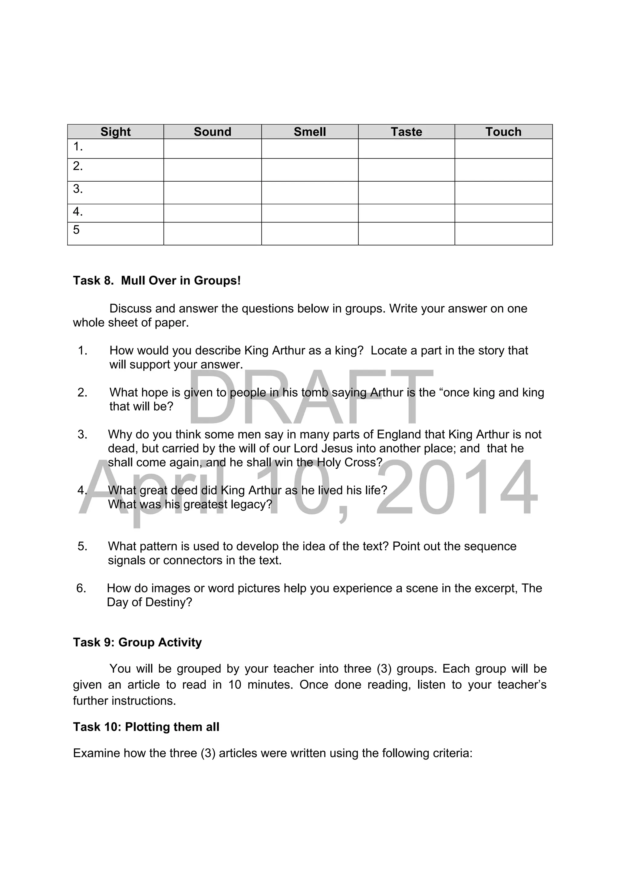 DRAFT
April 10, 2014
Sight Sound Smell Taste Touch
1.
2.
3.
4.
5
Task 8. Mull Over in Groups!
Discuss and answer the questions below in groups. Write your answer on one
whole sheet of paper.
1. How would you describe King Arthur as a king? Locate a part in the story that
will support your answer.
2. What hope is given to people in his tomb saying Arthur is the “once king and king
that will be?
3. Why do you think some men say in many parts of England that King Arthur is not
dead, but carried by the will of our Lord Jesus into another place; and that he
shall come again, and he shall win the Holy Cross?
4. What great deed did King Arthur as he lived his life?
What was his greatest legacy?
5. What pattern is used to develop the idea of the text? Point out the sequence
signals or connectors in the text.
6. How do images or word pictures help you experience a scene in the excerpt, The
Day of Destiny?
Task 9: Group Activity
You will be grouped by your teacher into three (3) groups. Each group will be
given an article to read in 10 minutes. Once done reading, listen to your teacher’s
further instructions.
Task 10: Plotting them all
Examine how the three (3) articles were written using the following criteria:
 