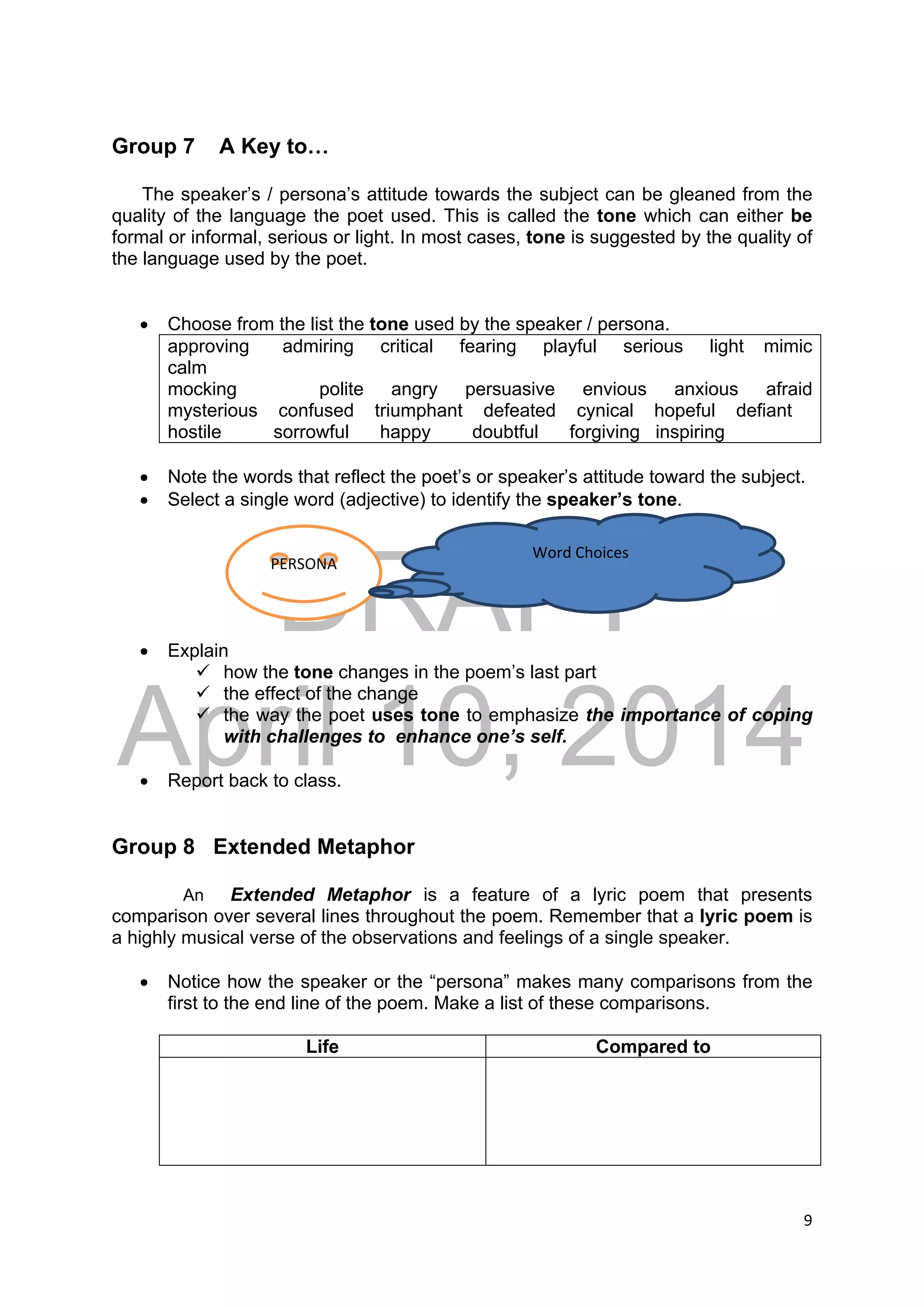 DRAFT
April 10, 2014
9 
 
Group 7 A Key to…
The speaker’s / persona’s attitude towards the subject can be gleaned from the
quality of the language the poet used. This is called the tone which can either be
formal or informal, serious or light. In most cases, tone is suggested by the quality of
the language used by the poet.
 Choose from the list the tone used by the speaker / persona.
approving admiring critical fearing playful serious light mimic
calm
mocking polite angry persuasive envious anxious afraid
mysterious confused triumphant defeated cynical hopeful defiant
hostile sorrowful happy doubtful forgiving inspiring
 Note the words that reflect the poet’s or speaker’s attitude toward the subject.
 Select a single word (adjective) to identify the speaker’s tone.
 Explain
 how the tone changes in the poem’s last part
 the effect of the change
 the way the poet uses tone to emphasize the importance of coping
with challenges to enhance one’s self.
 Report back to class.
Group 8 Extended Metaphor
An Extended Metaphor is a feature of a lyric poem that presents
comparison over several lines throughout the poem. Remember that a lyric poem is
a highly musical verse of the observations and feelings of a single speaker.
 Notice how the speaker or the “persona” makes many comparisons from the
first to the end line of the poem. Make a list of these comparisons.
Life Compared to
PERSONA 
Word Choices   
 