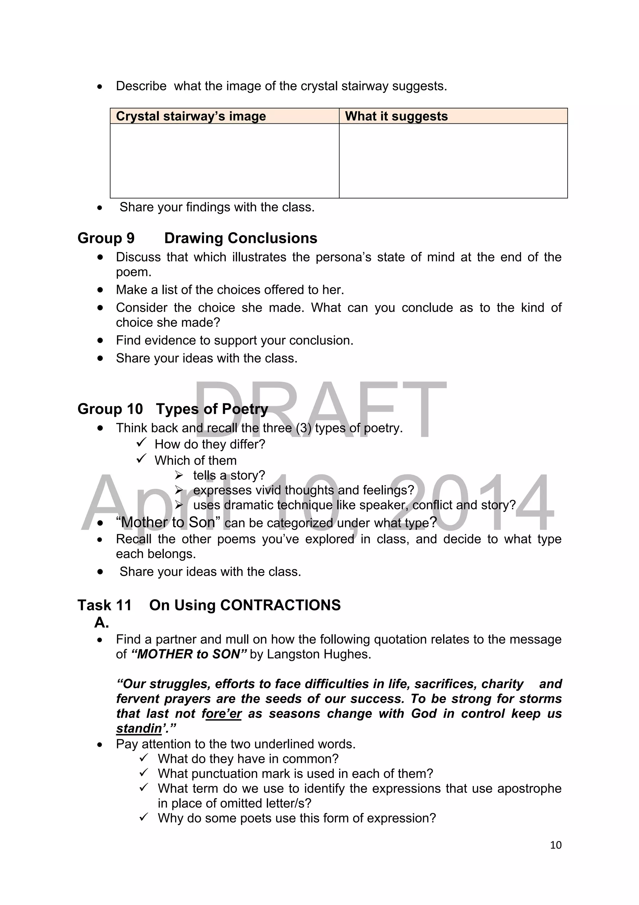 DRAFT
April 10, 2014
10 
 
 Describe what the image of the crystal stairway suggests.
Crystal stairway’s image What it suggests
 Share your findings with the class.
Group 9 Drawing Conclusions
 Discuss that which illustrates the persona’s state of mind at the end of the
poem.
 Make a list of the choices offered to her.
 Consider the choice she made. What can you conclude as to the kind of
choice she made?
 Find evidence to support your conclusion.
 Share your ideas with the class.
Group 10 Types of Poetry
 Think back and recall the three (3) types of poetry.
 How do they differ?
 Which of them
 tells a story?
 expresses vivid thoughts and feelings?
 uses dramatic technique like speaker, conflict and story?
 “Mother to Son” can be categorized under what type?
 Recall the other poems you’ve explored in class, and decide to what type
each belongs.
 Share your ideas with the class.
Task 11 On Using CONTRACTIONS
A.
 Find a partner and mull on how the following quotation relates to the message
of “MOTHER to SON” by Langston Hughes.
“Our struggles, efforts to face difficulties in life, sacrifices, charity and
fervent prayers are the seeds of our success. To be strong for storms
that last not fore’er as seasons change with God in control keep us
standin’.”
 Pay attention to the two underlined words.
 What do they have in common?
 What punctuation mark is used in each of them?
 What term do we use to identify the expressions that use apostrophe
in place of omitted letter/s?
 Why do some poets use this form of expression?
 