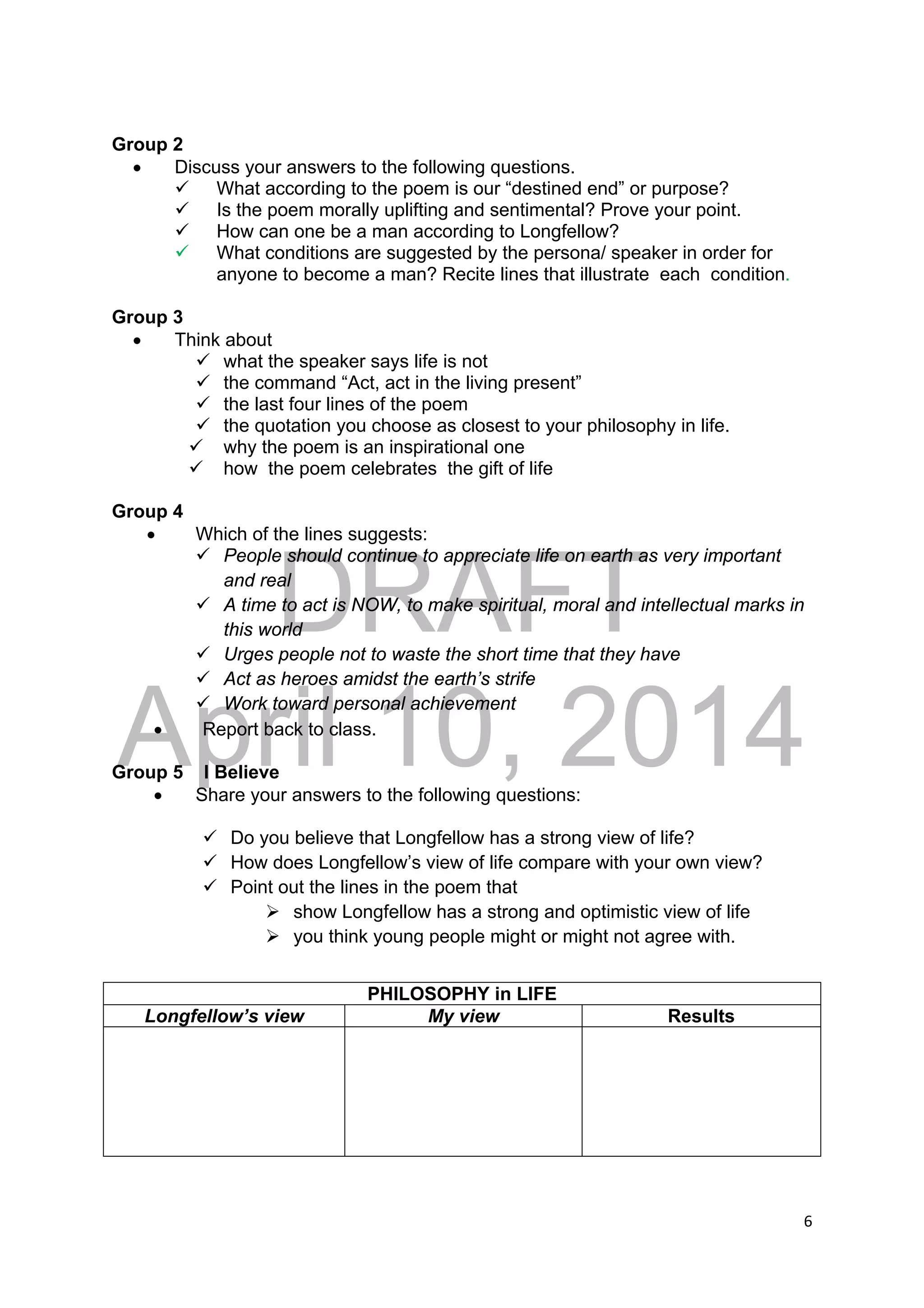 DRAFT
April 10, 2014
6 
 
Group 2
 Discuss your answers to the following questions.
 What according to the poem is our “destined end” or purpose?
 Is the poem morally uplifting and sentimental? Prove your point.
 How can one be a man according to Longfellow?
 What conditions are suggested by the persona/ speaker in order for
anyone to become a man? Recite lines that illustrate each condition.
Group 3
 Think about
 what the speaker says life is not
 the command “Act, act in the living present”
 the last four lines of the poem
 the quotation you choose as closest to your philosophy in life.
 why the poem is an inspirational one
 how the poem celebrates the gift of life
Group 4
 Which of the lines suggests:
 People should continue to appreciate life on earth as very important
and real
 A time to act is NOW, to make spiritual, moral and intellectual marks in
this world
 Urges people not to waste the short time that they have
 Act as heroes amidst the earth’s strife
 Work toward personal achievement
 Report back to class.
Group 5 I Believe
 Share your answers to the following questions:
 Do you believe that Longfellow has a strong view of life?
 How does Longfellow’s view of life compare with your own view?
 Point out the lines in the poem that
 show Longfellow has a strong and optimistic view of life
 you think young people might or might not agree with.
PHILOSOPHY in LIFE
Longfellow’s view My view Results
 