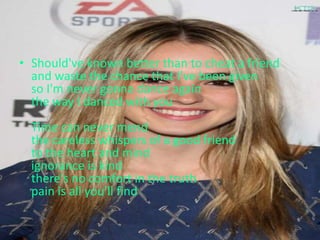 • Should've known better than to cheat a friend
and waste the chance that I've been given
so I'm never gonna dance again
the way I danced with you
Time can never mend
the careless whispers of a good friend
to the heart and mind
ignorance is kind
there's no comfort in the truth
pain is all you'll find
 
