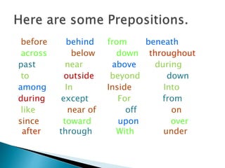 before behind from beneath
across below down throughout
past near above during
to outside beyond down
among In Inside Into
during except For from
like near of off on
since toward upon over
after through With under
 