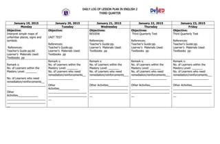 DAILY LOG OF LESSON PLAN IN ENGLISH 2
THIRD QUARTER
January 19, 2015 January 20, 2015 January 21, 2015 January 22, 2015 Ja...