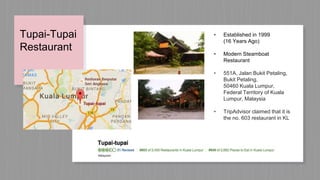 Tupai-Tupai
Restaurant
▹ Established in 1999
(16 Years Ago)
▹ Modern Steamboat
Restaurant
▹ 551A, Jalan Bukit Petaling,
Bukit Petaling,
50460 Kuala Lumpur,
Federal Territory of Kuala
Lumpur, Malaysia
▹ TripAdvisor claimed that it is
the no. 603 restaurant in KL
 