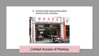 Limited Access of Parking
★ Should provide extra parking spaces
mainly for their customers.
 