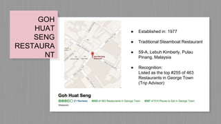 GOH
HUAT
SENG
RESTAURA
NT
● Established in: 1977
● Traditional Steamboat Restaurant
● 59-A, Lebuh Kimberly, Pulau
Pinang, Malaysia
● Recognition:
Listed as the top #255 of 463
Restaurants in George Town
(Trip Advisor)
 