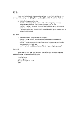 TestIII
Nos. 1-3
In 3 or more sentences,writeashortparagraph that ell somethingaboutanyof the
character inthe storyyouread (the girl or the goddess).Be readytoshare thisto the class.
A. Rubricsfor the paragraph writing
3 points – 3 0r more sentenceswereusedtowrite aparagraph; ideaswere
presentedwithcoherence thatdescribesthe characterinthe story
2 points – lessthan3 sentenceswere usedtowrite aparagraph; presentationof
ideaslackcoherence
1 point– lessthanthree sentenceswere usedtowrite aparagraph; presentationof
ideashas no coherence
Nos.4 – 6
B. Rubricsfor the oral presentationof the paragraph
3 points – speaksina clear,loudvoice usingappropriate pronunciationand
intonation
2 points – Speaksina clearand loudvoice butsome inappropriate pronunciation
and intonationwere observed.
1 point– Voice isinaudibleandlacksconfidence inpresentingthe paragraph
Nos.7 – 10
Usingthe wordsfirst,next,then,andlastly,use the followingsentences towrite a
paragraph onhow to make a clothout of cotton.
Cleanthe cotton.
Beat andspinit.
Weave itintocloth andcut it.
Sewit.
 
