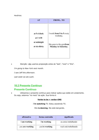 Horários:
AT FROM... TO
at 5 o'clock
at 3 AM
at midnight
at six-thirty
I work from 9 to 5 every
weekday.
She goes to the gymfrom
Monday to Saturday.
• Atenção: não usamos preposição antes de "last", "next" e "this".
I'm going to New York next month.
I saw Jeff this afternoon.
Last week we ate sushi.
10.2 Presente Contínuo
Presente Contínuo
• Utilizamos o presente contínuo para indicar ações que estão em andamento.
Ou seja, estamos "no meio" da ação. Sua forma é
Verbo to be + verbo+ING
I'm watching TV. Estou assistindo TV.
She is dancing. Ela está dançando.
afirmativa forma contraída significado
I am working I'm working eu estou trabalhando
you are working you're working você está trabalhando
 