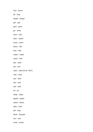 find - found
fly - flew
forget - forgot
get - got
give - gave
go - went
have - had
hear - heard
know - knew
leave - left
lose - lost
make - made
meet - met
pay - paid
put - put
read - read (lê-se "réd")
ring - rang
say - said
see - saw
sell - sold
sit - sit
sleep - slept
speak - spoke
stand - stood
take - took
tell - told
think - thought
win - won
write - wrote
 