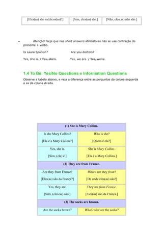 [Eles(as) são médicos(as)?] [Sim, eles(as) são.] [Não, eles(as) não são.]
• Atenção! Veja que nas short answers afirmativas não se usa contração do
pronome + verbo.
Is Laura Spanish? Are you doctors?
Yes, she is. / Yes, she's. Yes, we are. / Yes, we're.
1.4 To Be: Yes/No Questions e Information Questions
Observe a tabela abaixo, e veja a diferença entre as perguntas da coluna esquerda
e as da coluna direita.
(1) She is Mary Collins.
Is she Mary Collins?
[Ela é a Mary Collins?]
Who is she?
[Quem é ela?]
Yes, she is.
[Sim, (ela) é.]
She is Mary Collins.
[Ela é a Mary Collins.]
(2) They are from France.
Are they from France?
[Eles(as) são da França?]
Where are they from?
[De onde eles(as) são?]
Yes, they are.
[Sim, (eles/as) são.]
They are from France.
[Eles(as) são da França.]
(3) The socks are brown.
Are the socks brown? What color are the socks?
 
