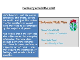 Unfortunately, just like racism,
patriarchy still exists, around
the world. And just like racism,
it often manifests in casual
ways that tend to go unnoticed
by the majority of people.
And women aren’t the only ones
who suffer under this everyday
patriarchy. Everyone does.
Because patriarchy demands
that those in power conform to
a specific set of rules — ones
that require the suppression of
feelings, and include a lack of
empathy.
Patriarchy around the world
 