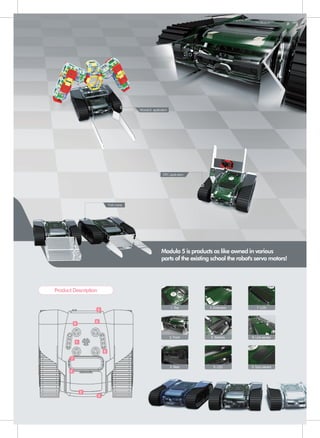 Modulo3 application
DRC application
1
5
2
3
4
6
7
8
9
Fork crane
1. Top 4. Extension 7. LCD
2. Front 5. Batterty 8. Line sensor
3. Rear 6. LED 9. Gyro sensor
Product Description
Modulo 5 is products as like owned in various
parts of the existing school the robot's servo motors!
 