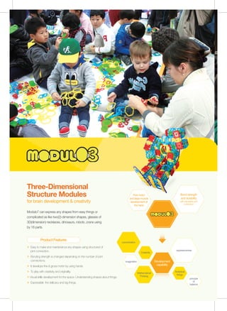 Three-Dimensional
Structure Modules
for brain development & creativity
Modulo7 can express any shapes from easy things or
complicated as like two(2)-dimension shapes, glasses of
3D(dimension) necklaces, dinosaurs, robots ,crane using
by 18 parts.
Product Features
＞ Easy to make and maintenance any shapes using structured of
joint connection.
＞ Bonding strength is changed depending on the number of joint
connections.
＞ It develops fine & gross motor by using hands
＞ To play with creativity and originality.
＞ Visual skills development for the space. Understanding shapes about things.
＞ Expressible the delicacy and big things.
Bond strength
and durability
with adjustable joint
connection
Fine motor
and large muscle
development of
the hand
Development
capability
Creativity
principle
of
balance
Analytical
things
concentration
expressiveness
imagination
Mathematical
Thinking
 