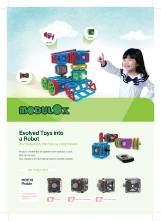 [Moter]
[Moter]
ModuloX children like are operative with modulo3, sound,
light can be used.
Also interesting and fun that can lead to scientific curiosity.
Use of the product
Off state
Can change both
speed and parallel
operation.
MOTOR
Module
Select reverse speedSelect the forward speed
[LED]
Evolved Toys into
a Robot
your modulo3 toy can more by using moduloX
 