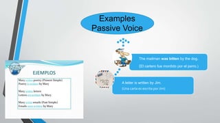 Examples
Passive Voice
A letter is written by Jim.
(Una carta es escrita por Jim)
The mailman was bitten by the dog.
(El cartero fue mordido por el perro.)
 