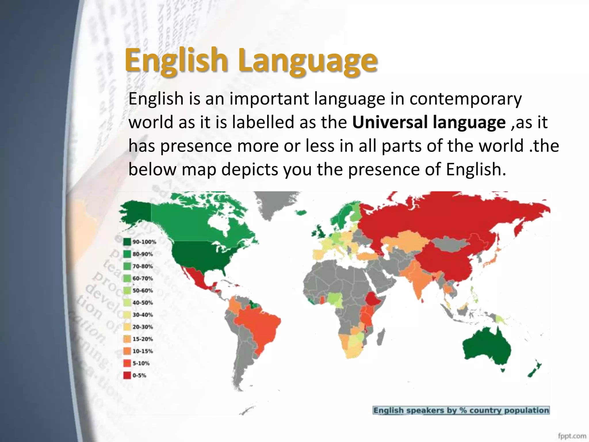 English Language
English is an important language in contemporary
world as it is labelled as the Universal language ,as it
has presence more or less in all parts of the world .the
below map depicts you the presence of English.
 