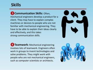 Skills
❸Communication Skills: Often,
mechanical engineers develop a product for a
client. They may have to explain complex
machines or devices to people who are not
familiar with mechanical engineering. They
have to be able to explain their ideas clearly
and effectively, and this takes
strong communication skills.
❹Teamwork: Mechanical engineering
involves lots of teamwork. Engineers often
work in groups to invent technologies and
solve problems. They might work with
people who are not mechanical engineers,
such as computer scientists or architects.
 
