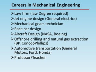 Law firm (law Degree required)
Jet engine design (General electrics)
Mechanical gears technician
Race car design
Aircraft Design (NASA, Boeing)
Offshore drilling and natural gas extraction
(BP, ConocoPhillips)
Automotive transportation (General
Motors, Ford, Honda)
Professor/Teacher
EngineeringCareers in Mechanical
 