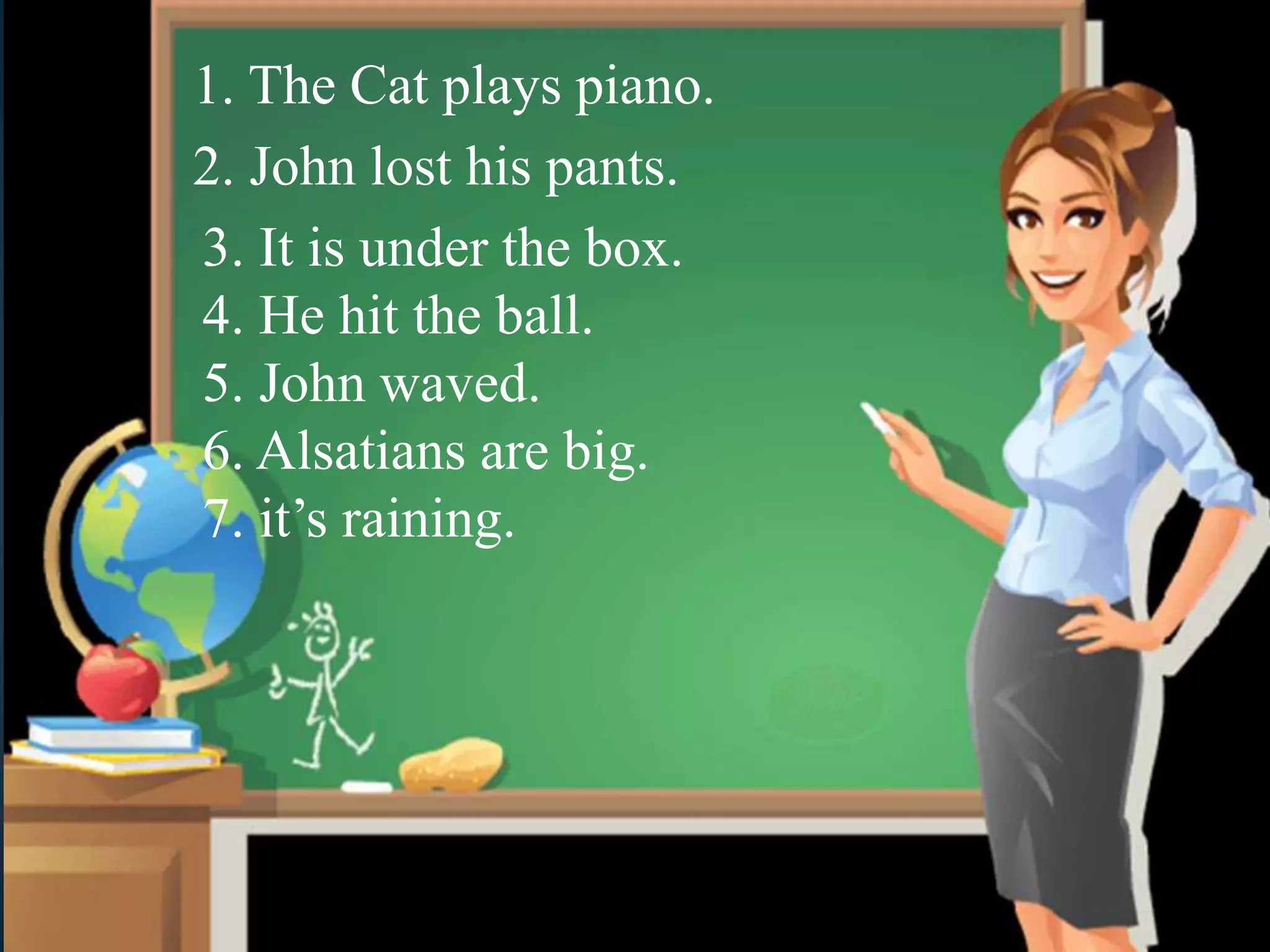 1. The Cat plays piano.
2. John lost his pants.
3. It is under the box.
4. He hit the ball.
5. John waved.
6. Alsatians are big.
7. it’s raining.