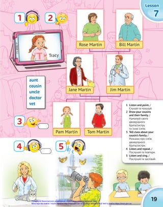 7
7
7
Lesson
Lesson
Lesson
1
4 5
2
1 Listen and point. /
Cлухай та показуй.
2 Draw your cousins
and their family. /
Намалюй свого
двоюрідного
брата/сестру
та їхню сім’ю.
3 Tell class about your
cousin’s family. /
Розкажи про сім’ю
двоюрідного
брата/сестри.
4 Listen and repeat. /
Послухай та повтори.
5 Listen and sing. /
Послухай та заспівай.
19
Rose Martin
Pam Martin
Jim Martin
Jane Martin
Tom Martin
Bill Martin
Tracy
Jane Martin
aunt
cousin
uncle
doctor
vet
3
Право для безоплатного розміщення підручника в мережі Інтернет має
Міністерство освіти і науки України http://mon.gov.ua/ та Інститут модернізації змісту освіти https://imzo.gov.ua
 