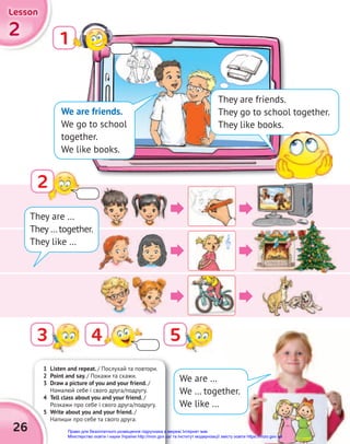 1 Listen and repeat. / Послухай та повтори.
2 Point and say. / Покажи та скажи.
3 Draw a picture of you and your friend. /
Намалюй себе і свого друга/подругу.
4 Tell class about you and your friend. /
Розкажи про себе і свого друга/подругу.
5 Write about you and your friend. /
Напиши про себе та свого друга.
4 Tell class about you and your friend.
5 Write about you and your friend.
26
2
2
2
Lesson
Lesson
Lesson
1
4
3 5
They are …
They …together.
They like …
We are …
We … together.
We like …
They are friends.
They go to school together.
They like books.
We are friends.
We go to school
together.
We like books.
They like books.
2
Право для безоплатного розміщення підручника в мережі Інтернет має
Міністерство освіти і науки України http://mon.gov.ua/ та Інститут модернізації змісту освіти https://imzo.gov.ua
 
