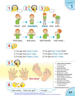 1 Listen, point and repeat. /
Слухай, показуй
та повторюй.
2 Listen and sing. /
Послухай та заспівай.
3 Touch and name. /
Доторкнись і назви.
4 Choose the words and copy
the sentences. / Вибери
слово і перепиши речення.
5 Listen and sing. /
Послухай та заспівай.
6 Ask and answer in pairs. /
У парах запитуйте
та відповідайте.
та відповідайте.
67
5
5
5
Lesson
Lesson
Lesson
1
4
2
5
3
6
And eyes, and ears, and mouth, and nose...
Head and shoulders, knees and toes...
1 I’ve got one head / hand.
2 I’ve got two toes / legs.
3 I’ve got ten fingers / ears.
How many … have you got? I’ve got … …
4 I’ve got big / small teeth.
5 I’ve got a long / short neck.
6 I’ve got no tail / nose.
How many?
Право для безоплатного розміщення підручника в мережі Інтернет має
Міністерство освіти і науки України http://mon.gov.ua/ та Інститут модернізації змісту освіти https://imzo.gov.ua
 