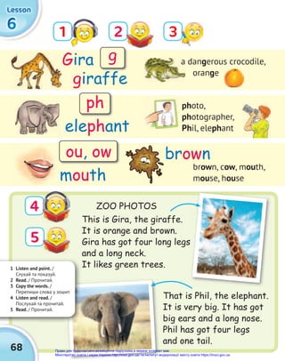 1 Listen and point. /
Слухай та показуй.
2 Read. / Прочитай.
3 Copy the words. /
Перепиши слова у зошит.
4 Listen and read. /
Послухай та прочитай.
5 Read. / Прочитай.
giraffe
elephant
mouth
brown
Gira a dangerous crocodile,
orange
6
6
6
Lesson
Lesson
Lesson
3
4
5
1
brown, cow, mouth,
mouse, house
This is Gira, the giraffe.
It is orange and brown.
Gira has got four long legs
and a long neck.
It likes green trees.
68
ZOO PHOTOS
a dan
oran
photo,
photographer,
Phil, elephant
ou, ow
ph
g
Gira has got four long legs
That is Phil, the elephant.
It is very big. It has got
big ears and a long nose.
Phil has got four legs
and one tail.
2
Право для безоплатного розміщення підручника в мережі Інтернет має
Міністерство освіти і науки України http://mon.gov.ua/ та Інститут модернізації змісту освіти https://imzo.gov.ua
 