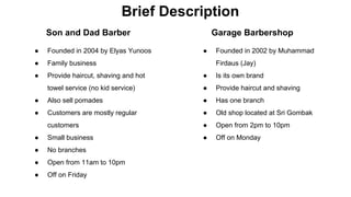 Brief Description
Son and Dad Barber Garage Barbershop
● Founded in 2004 by Elyas Yunoos
● Family business
● Provide haircut, shaving and hot
towel service (no kid service)
● Also sell pomades
● Customers are mostly regular
customers
● Small business
● No branches
● Open from 11am to 10pm
● Off on Friday
● Founded in 2002 by Muhammad
Firdaus (Jay)
● Is its own brand
● Provide haircut and shaving
● Has one branch
● Old shop located at Sri Gombak
● Open from 2pm to 10pm
● Off on Monday
 