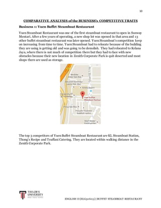 10
ENGLISH II [ELG30605] | BUFFET STEAMBOAT RESTAURANT
COMPARATIVE ANALYSIS of the BUSINESS’s COMPETITIVE TRAITS
Business 1: Yuen Buffet Steamboat Restaurant
Yuen Steamboat Restaurant was one of the first steamboat restaurant to open in Sunway
Mentari. After a few years of operating, a new shop lot was opened in that area and 13
other buffet steamboat restaurant was later opened. Yuen Steamboat’s competition keep
on increasing from time to time. Yuen Steamboat had to relocate because of the building
they are using is getting old and was going to be demolish. They had relocated to Kelana
Jaya, where there is not much of competition there but they had to face with new
obstacles because their new location in Zenith Corporate Park is quit deserted and most
shops there are used as storage.
The top 3 competitors of Yuen Buffet Steamboat Restaurant are KL Steamboat Station,
Thong’s Recipe and Teaffani Catering. They are located within walking distance in the
Zenith Corporate Park.
 